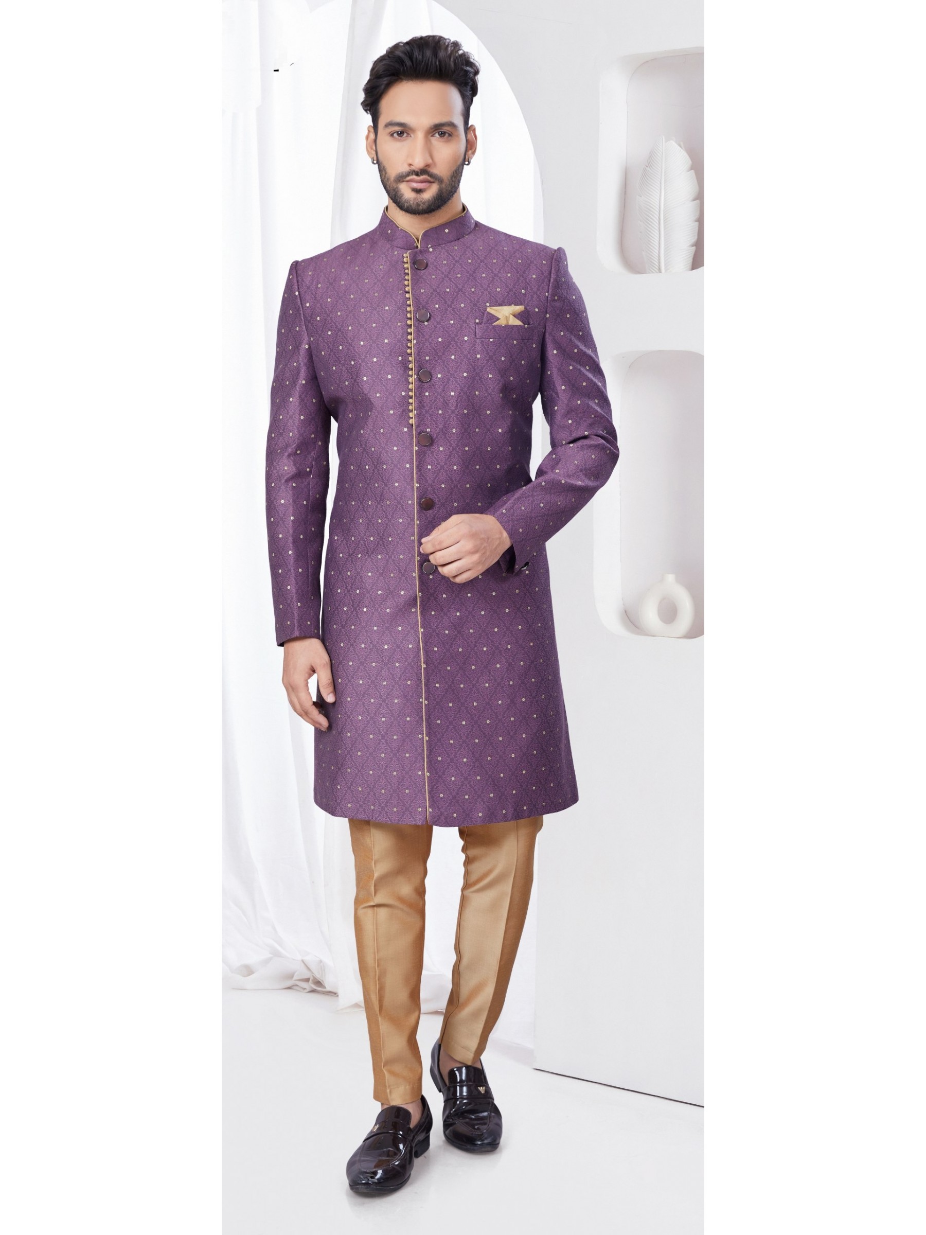 Jacquard IndoWestern Ready Made Dress in Light Wine Color  