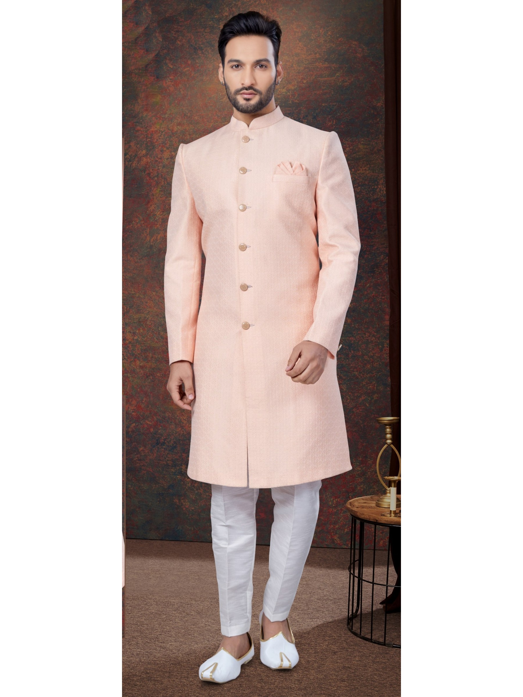 Jacquard IndoWestern Ready Made Dress in Peach Color  