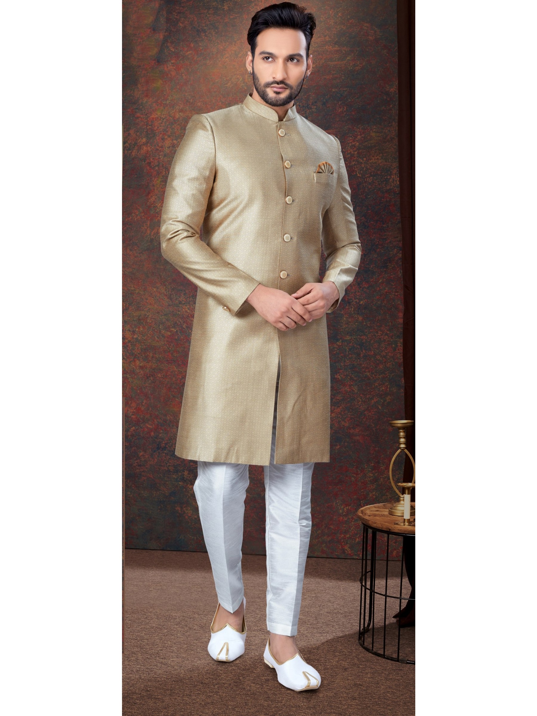 Jacquard IndoWestern Ready Made Dress in Gold Color  