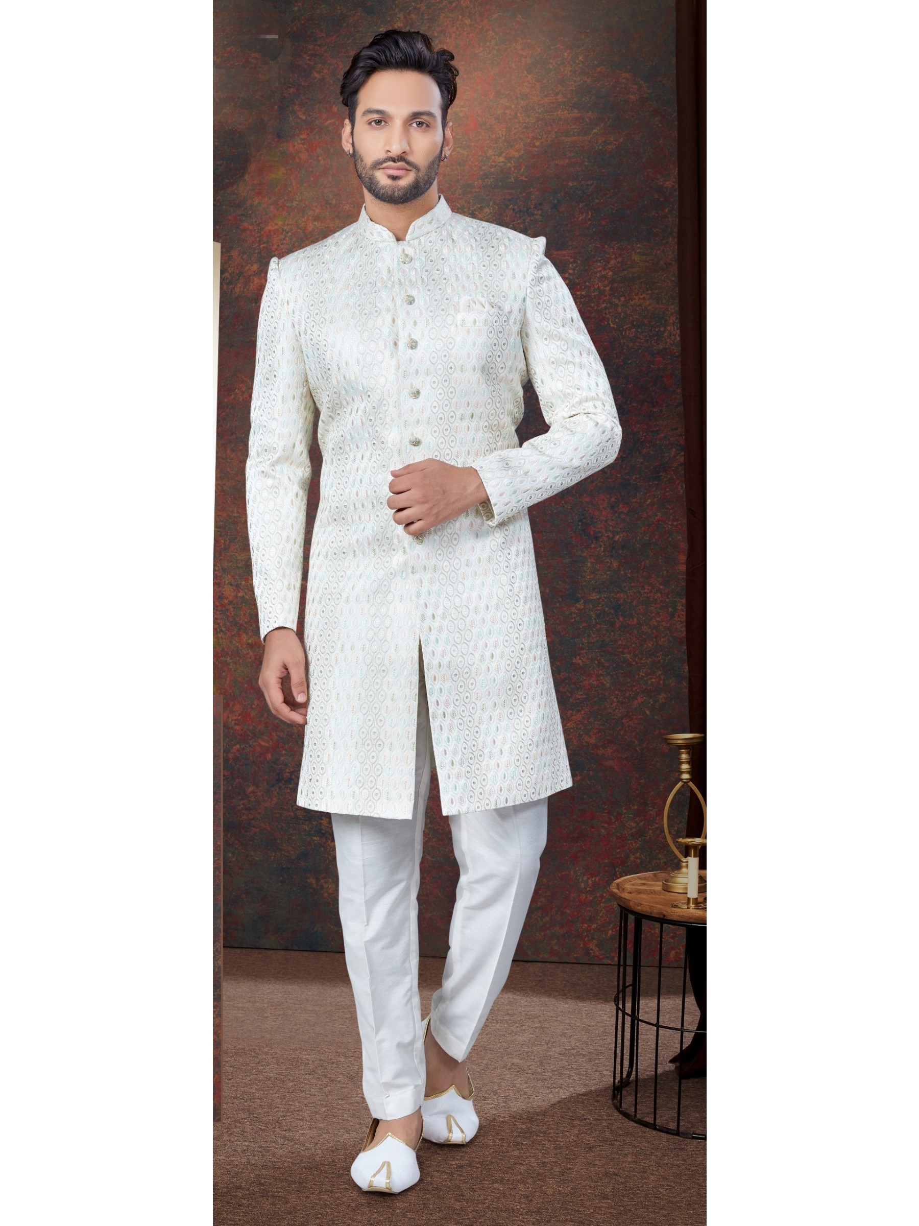 Jacquard IndoWestern Ready Made Dress in Cream Color  