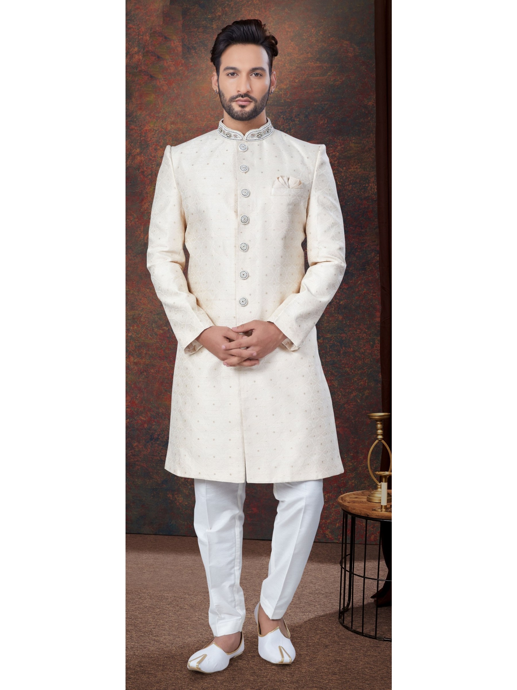 Jacquard IndoWestern Ready Made Dress in Cream Color  