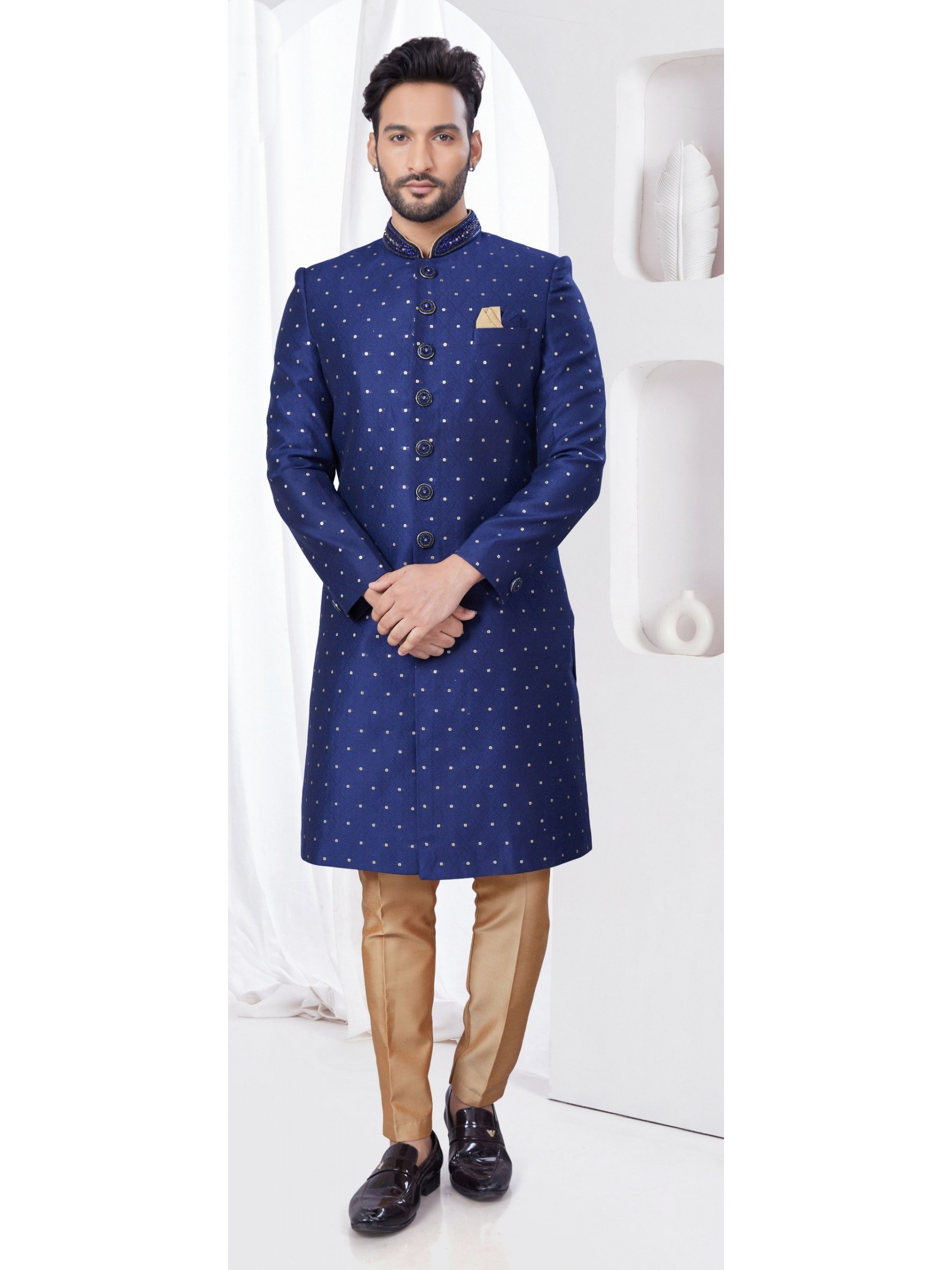 Jacquard IndoWestern Ready Made Dress in Navy Blue Color  