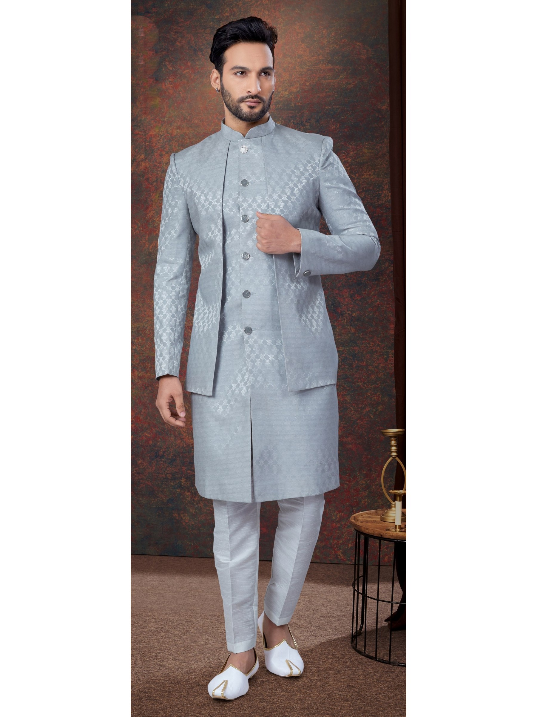 Jacquard IndoWestern Ready Made Dress in Grey Color  