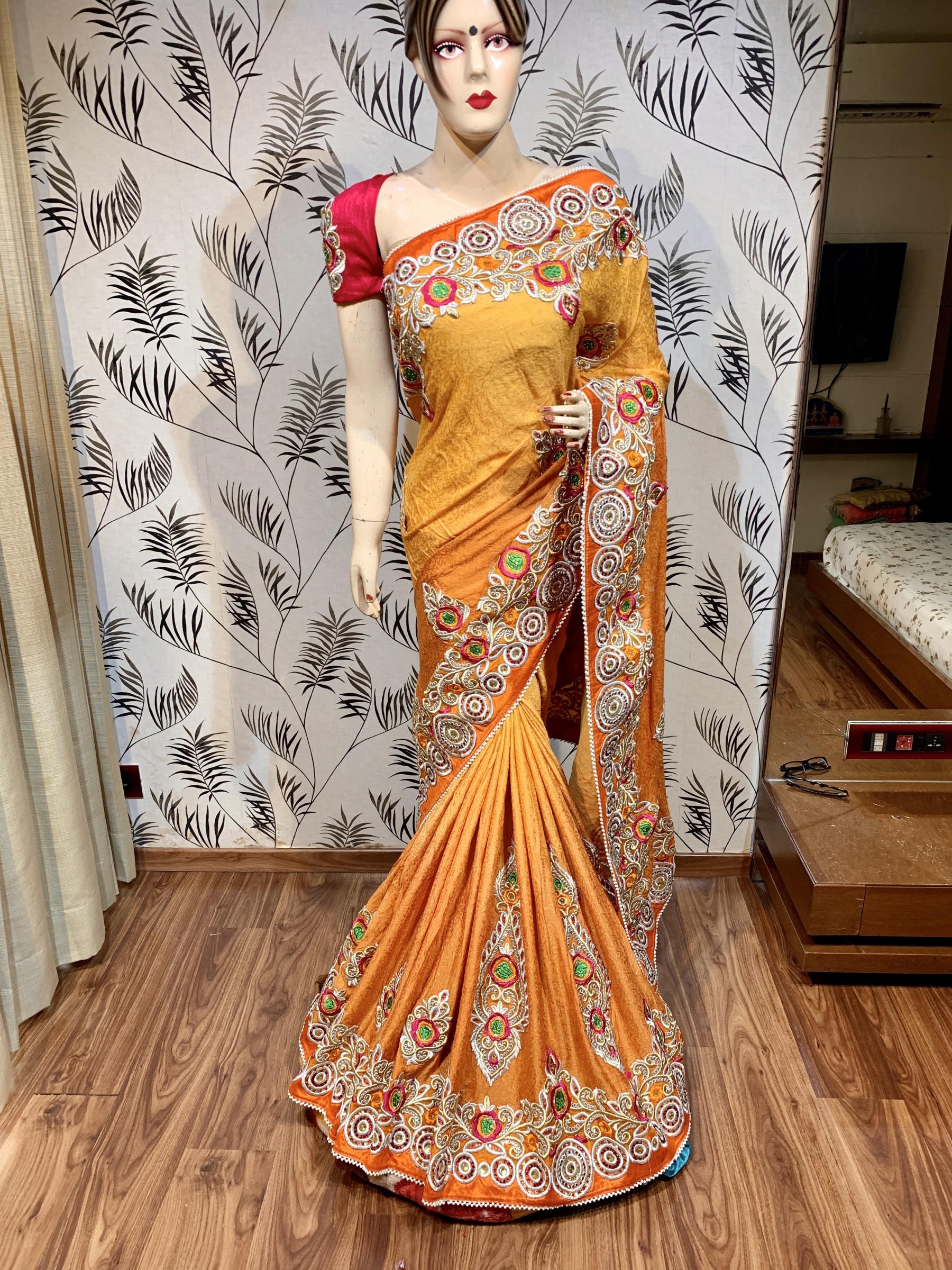 Jacquard Silk Party Wear Saree In Orange WIth Embroidery & Crystal Stone Work  