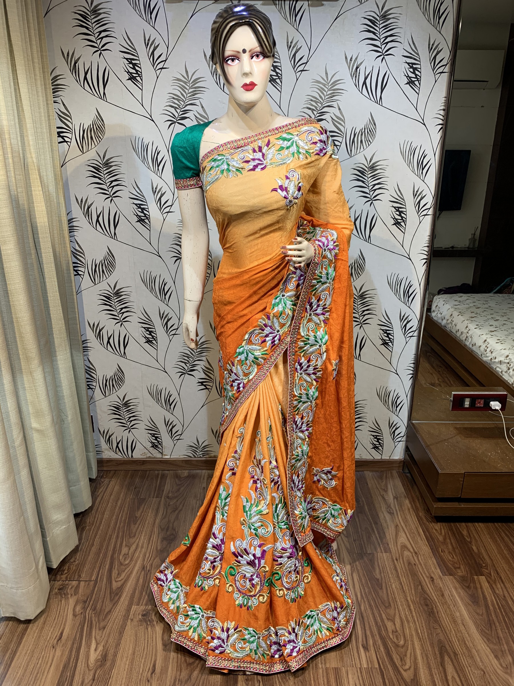Pure Jacquard Silk Party Wear Saree In Orange With Embroidery work & Stone work 