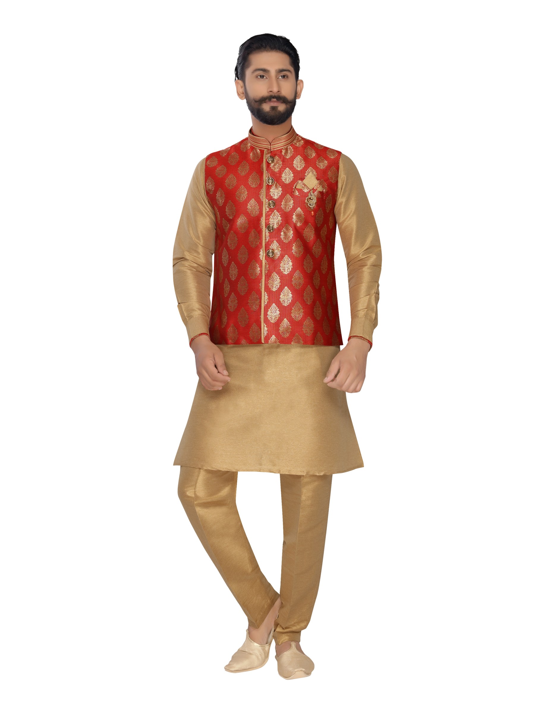 Jacquard Silk Sherwani In Off White Dark Red Color Men
