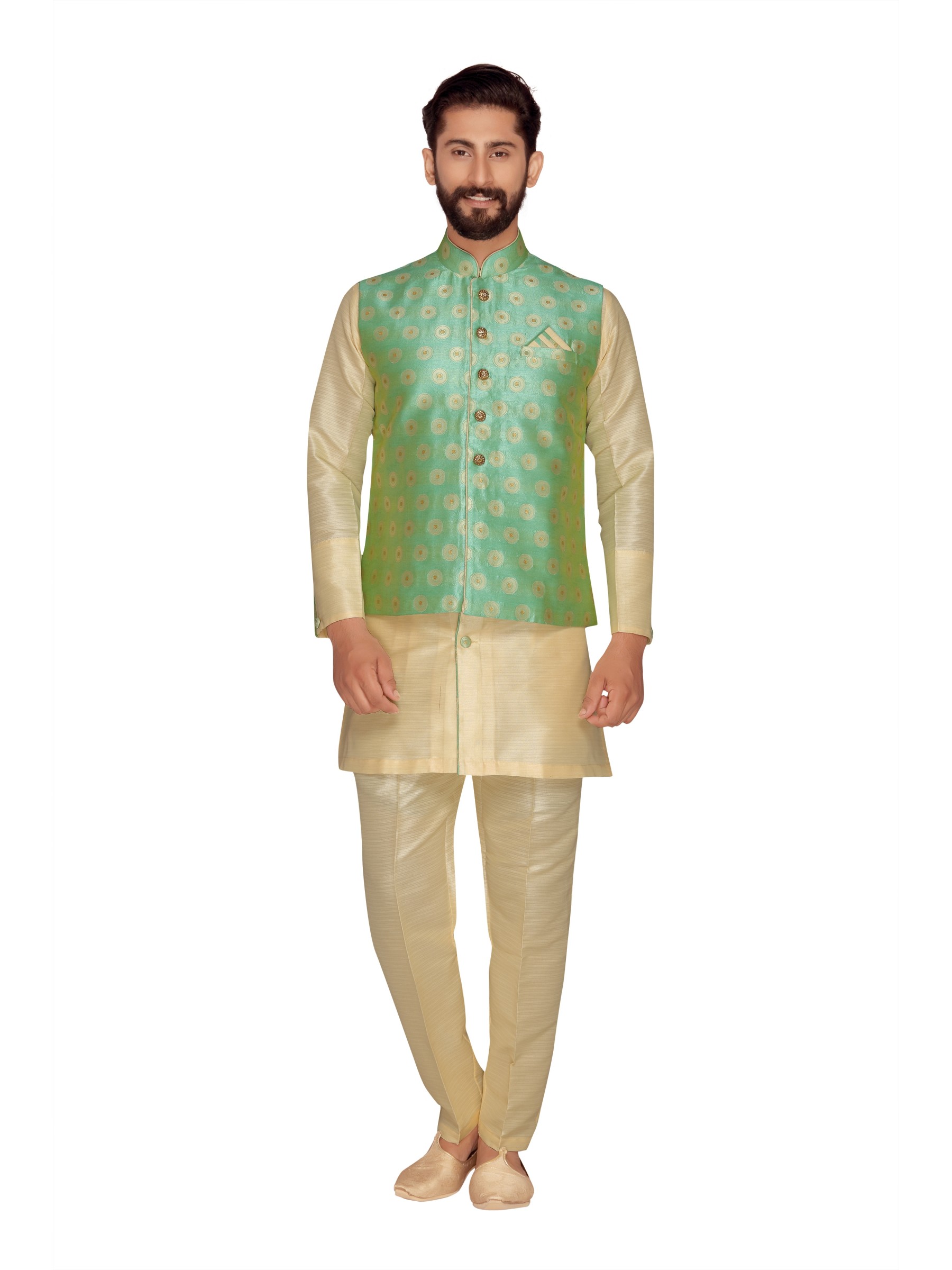 Jacquard Silk Sherwani In Off White & C-Green Color  