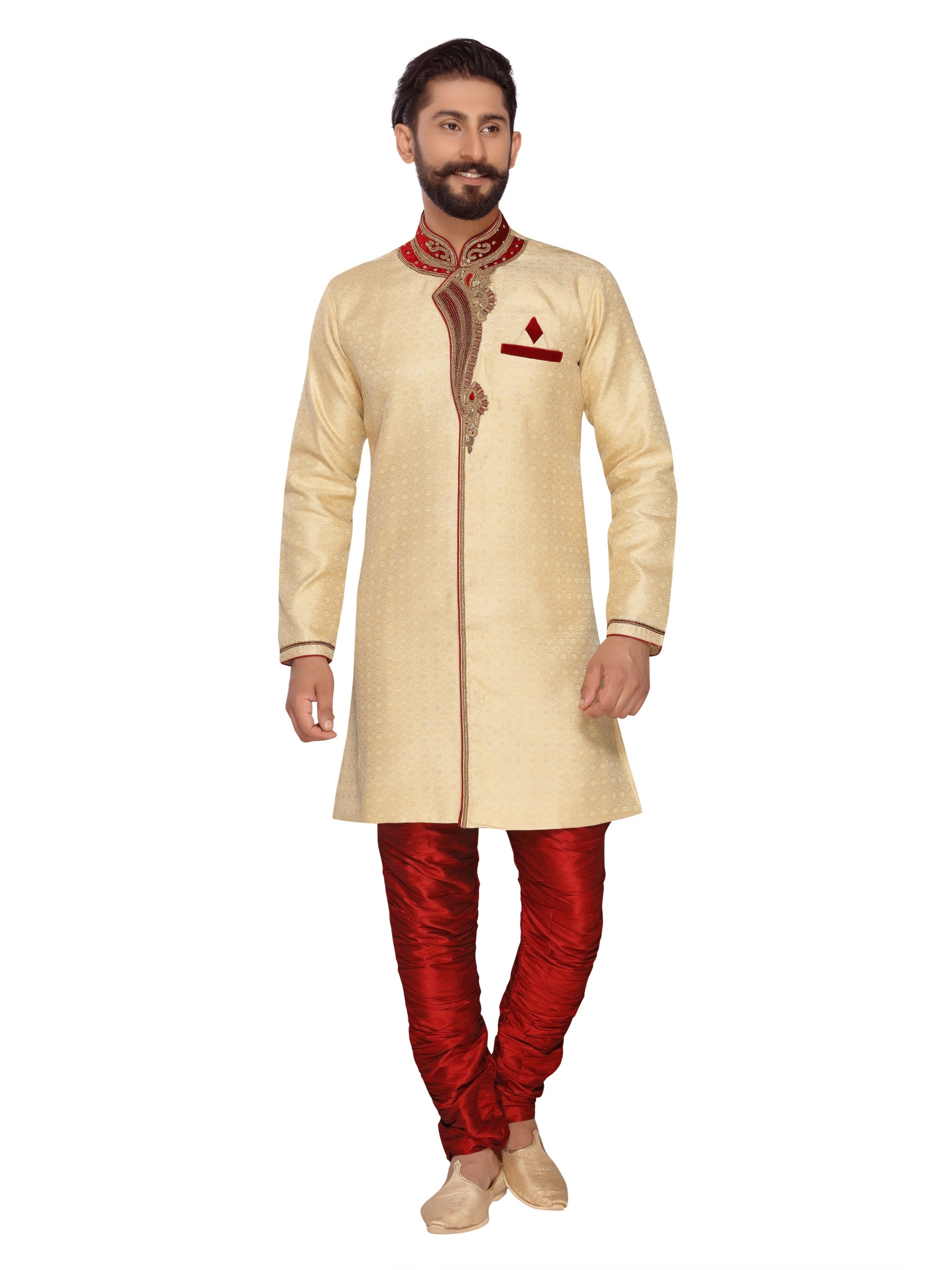 Jacquard Silk Sherwani In  Off White & Red  Color 
