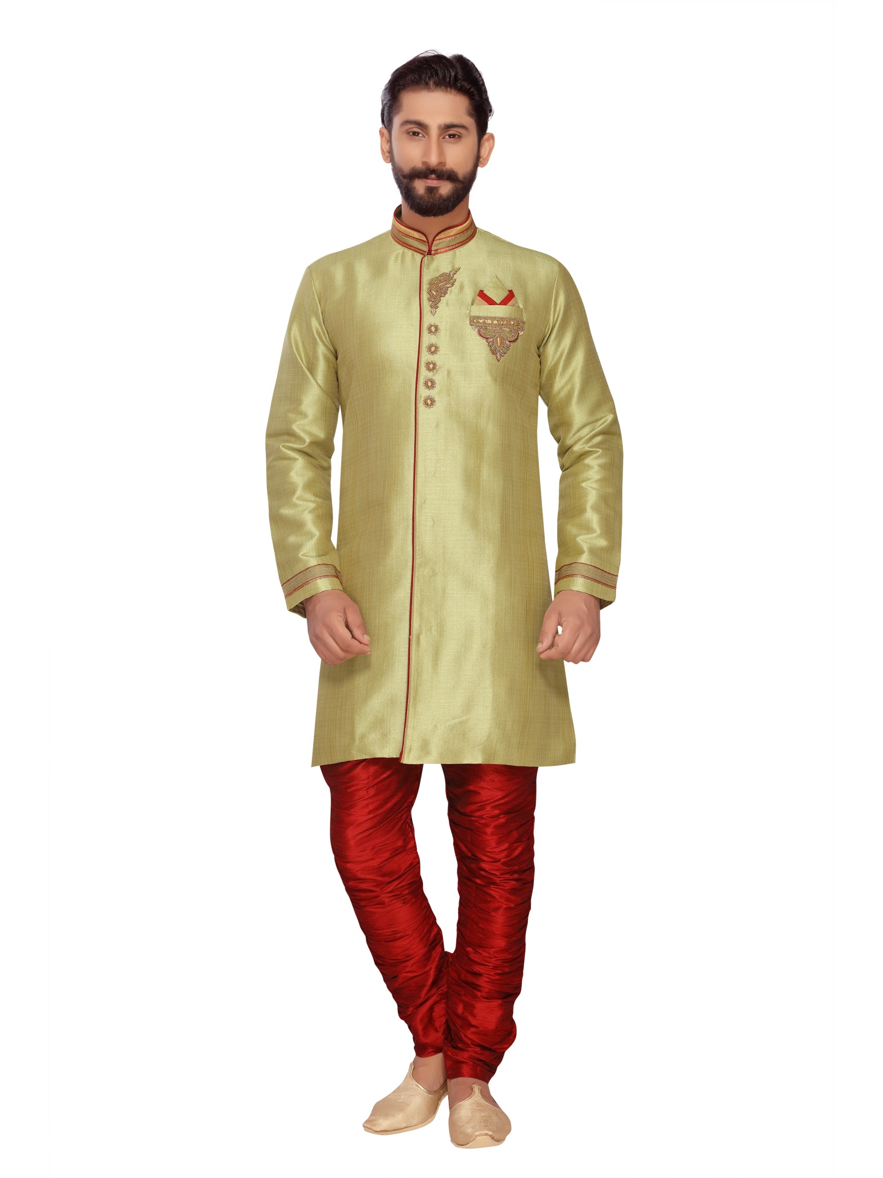 Jacquard Silk Sherwani In  Off White & Red  Color 
