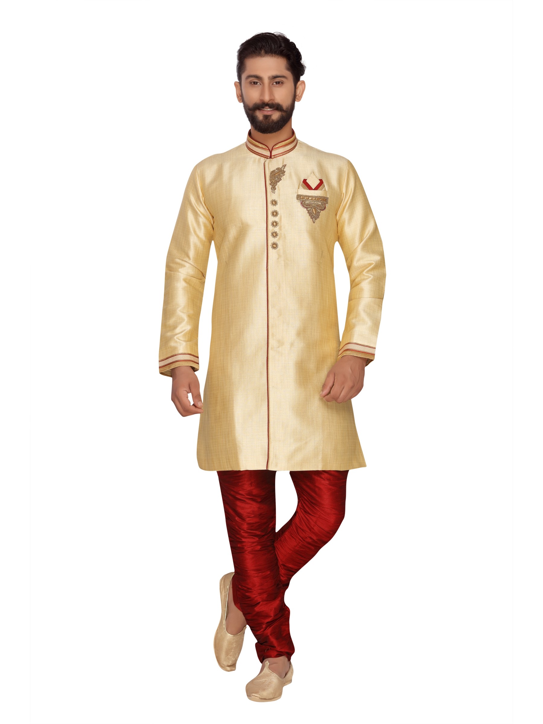 Jacquard Silk Sherwani In  Off White & Red  Color 