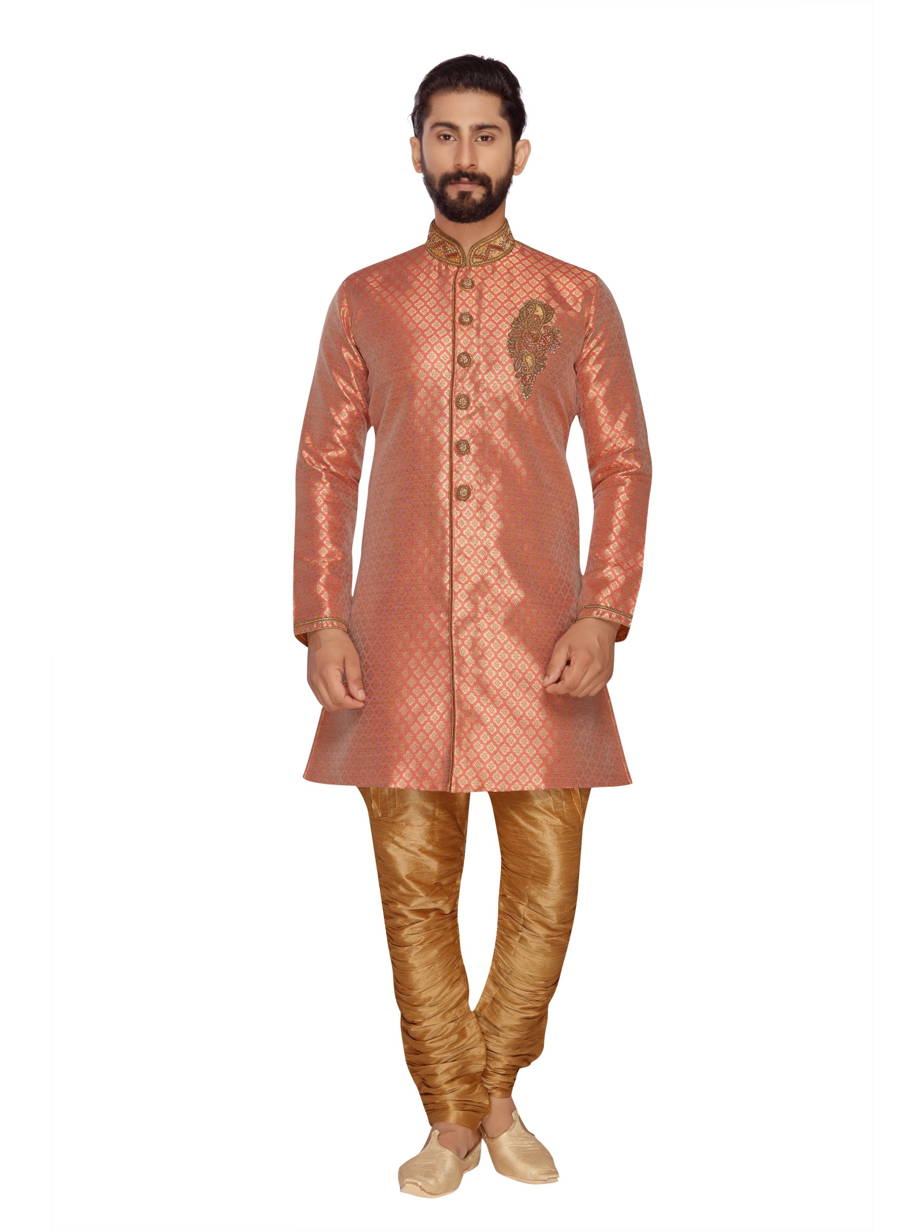Jacquard Silk Sherwani In Pink & Gold Color 
