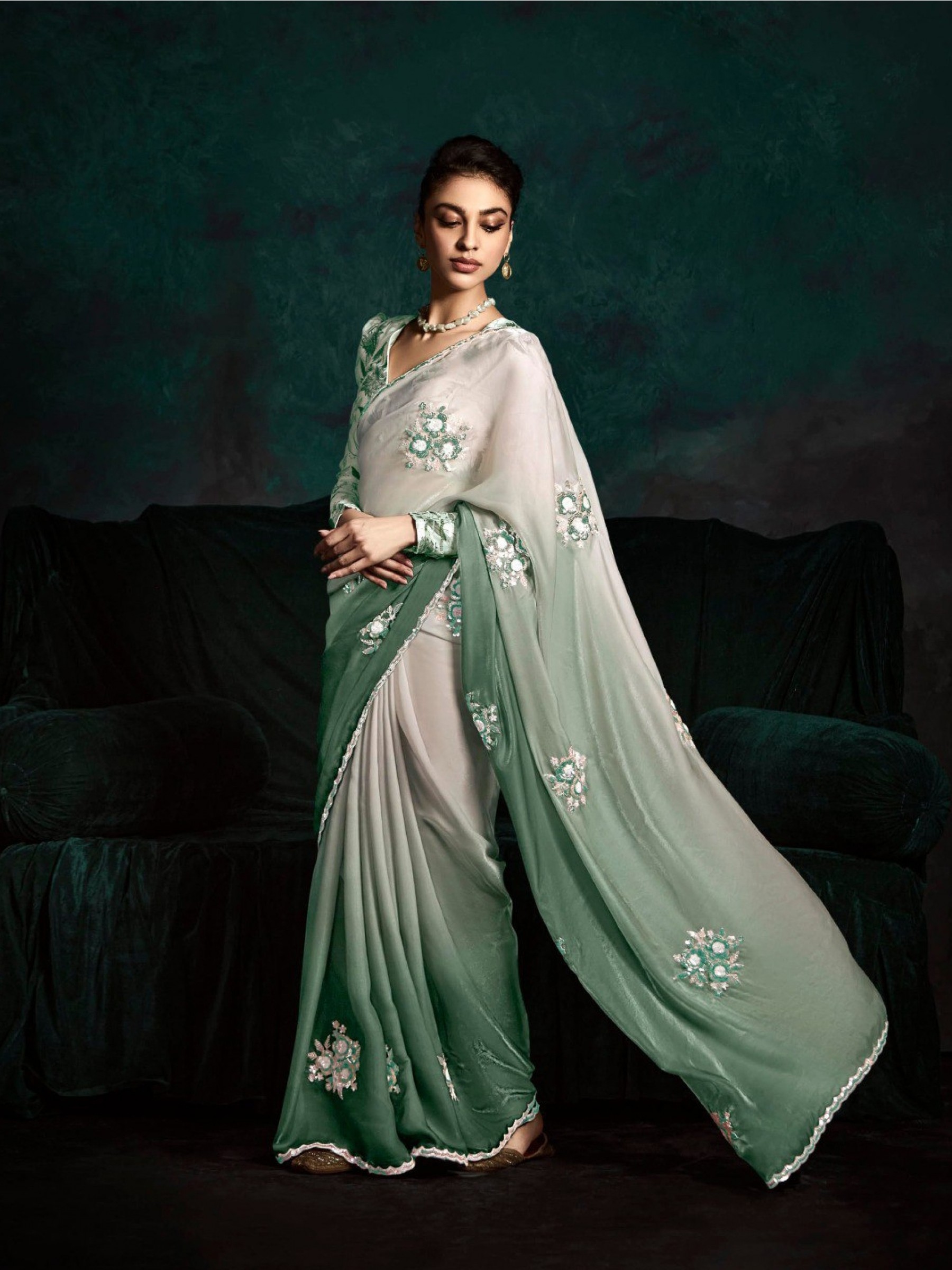 Fancy Silk Party wear Saree Sea Green Color with Embroidery Work
