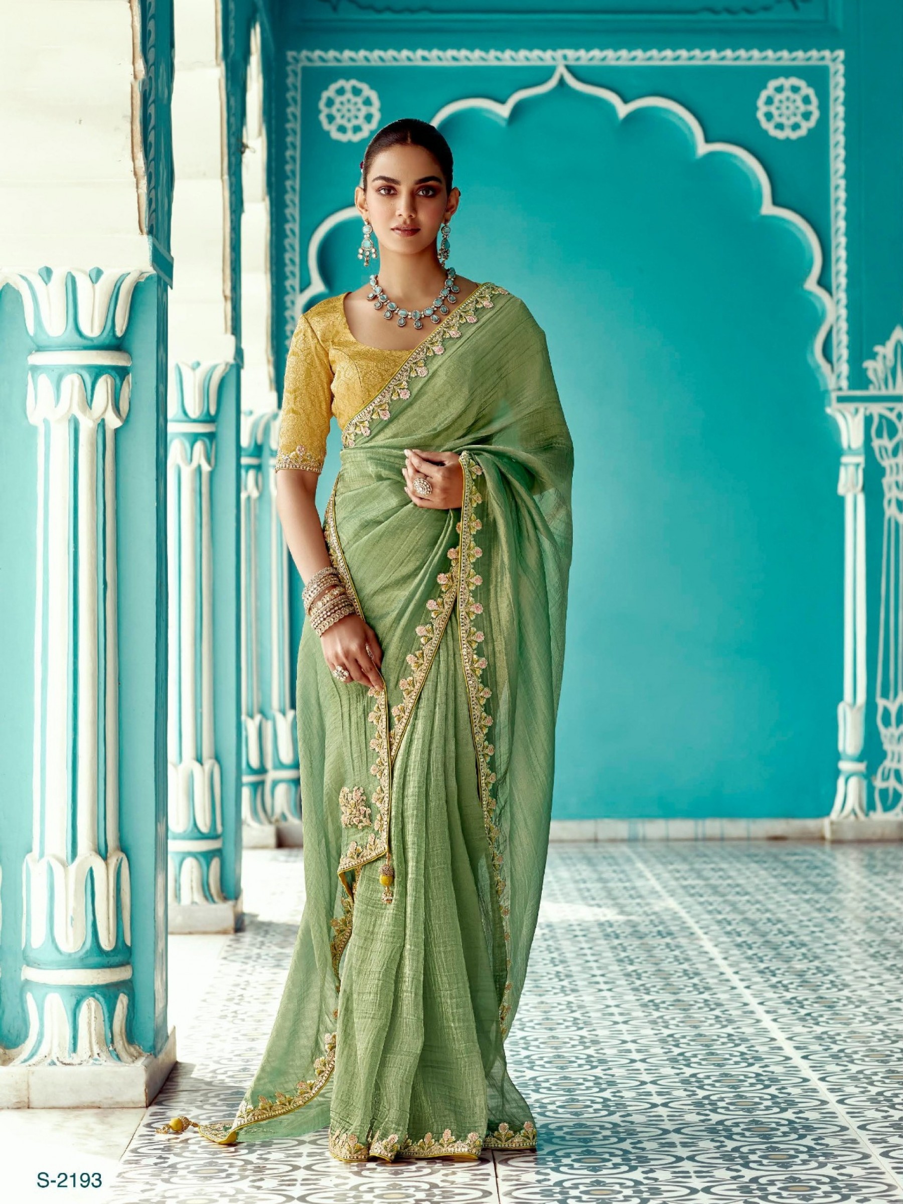 Pure Tissue Silk Party wear Saree In Green Color with Embroidery Work