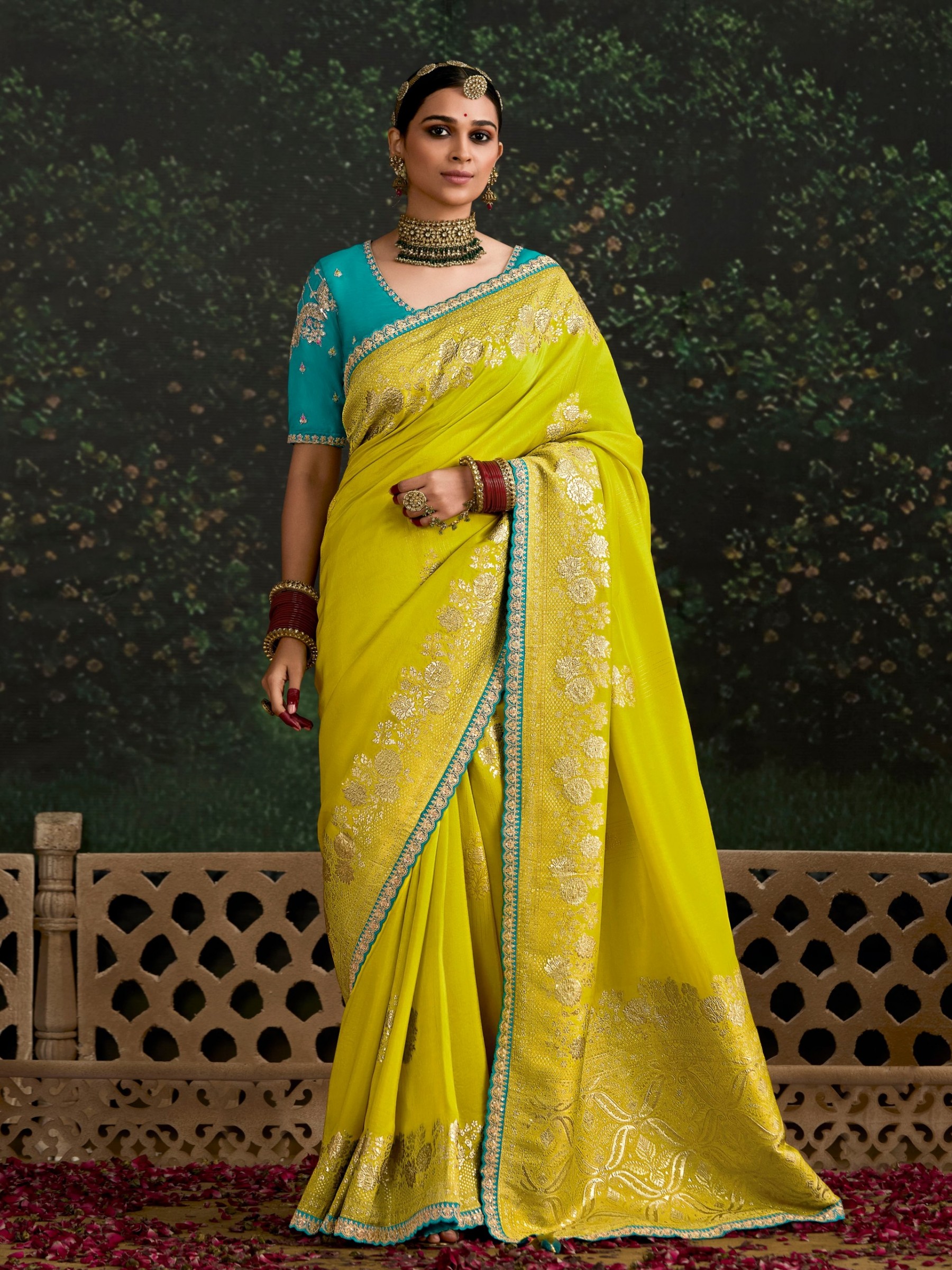 Pure Dola Silk Party wear Saree In Yellow Color with Embroidery Work