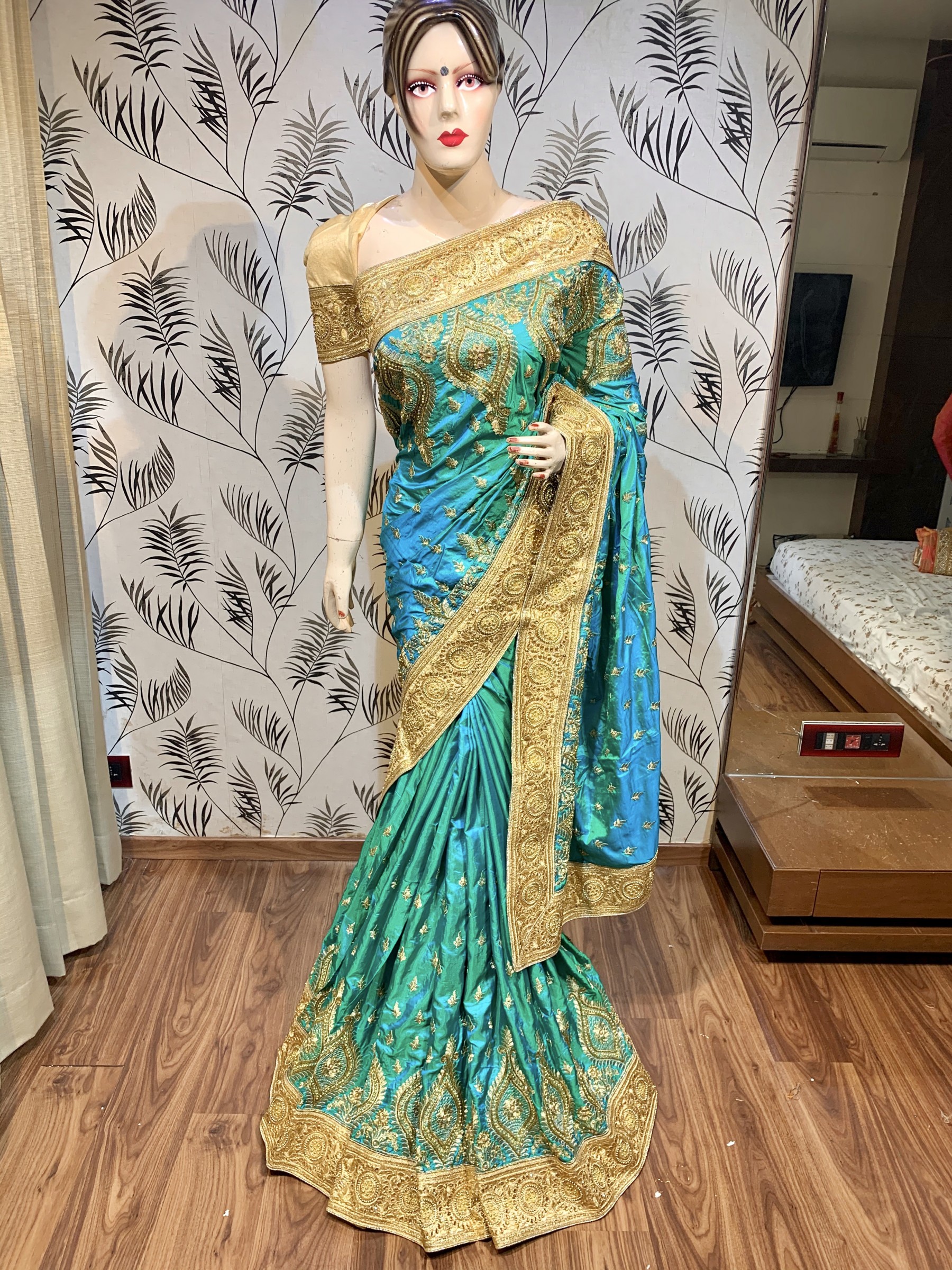 Pure Heritage Silk Wedding Wear Saree In Turquoise With Embroidery & Crystal Stone Work