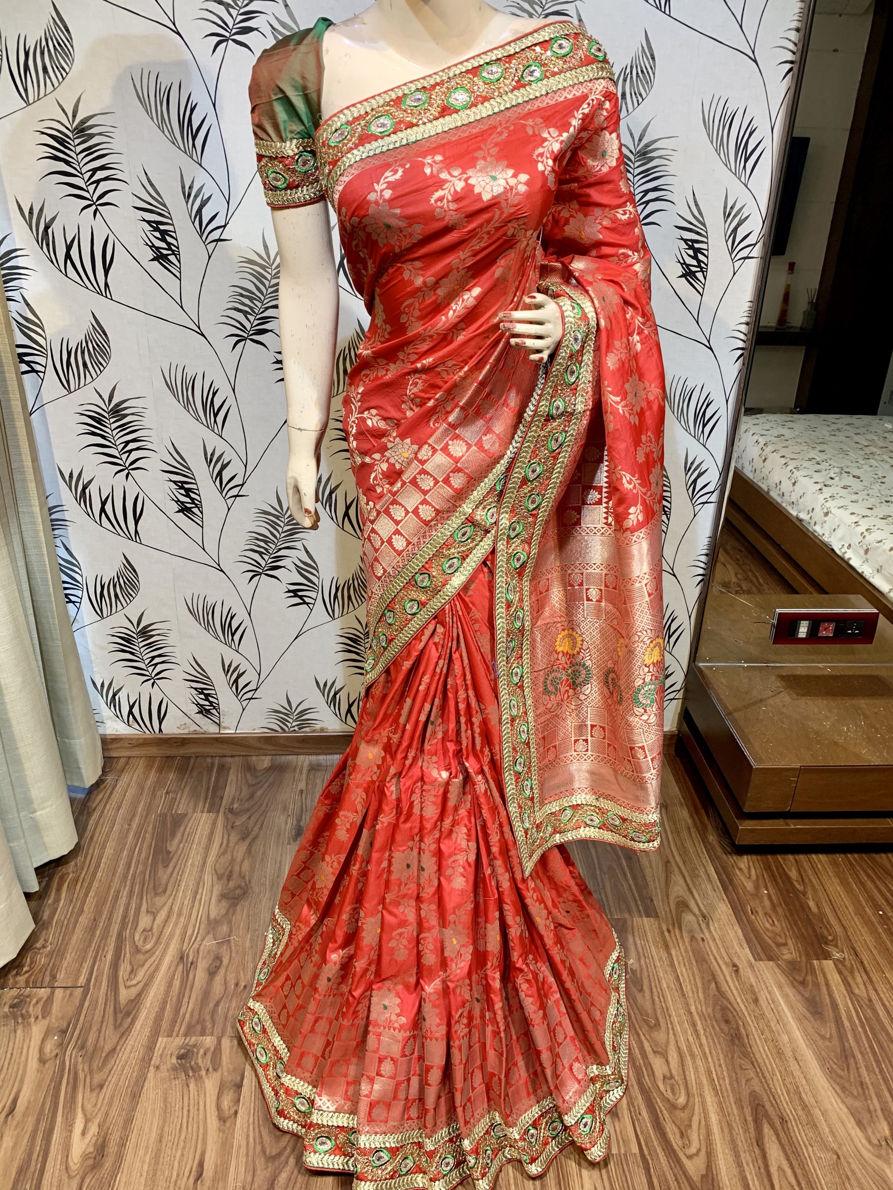 Pure Banarasi Silk Party Wear Saree In Red Color with Embroidery 