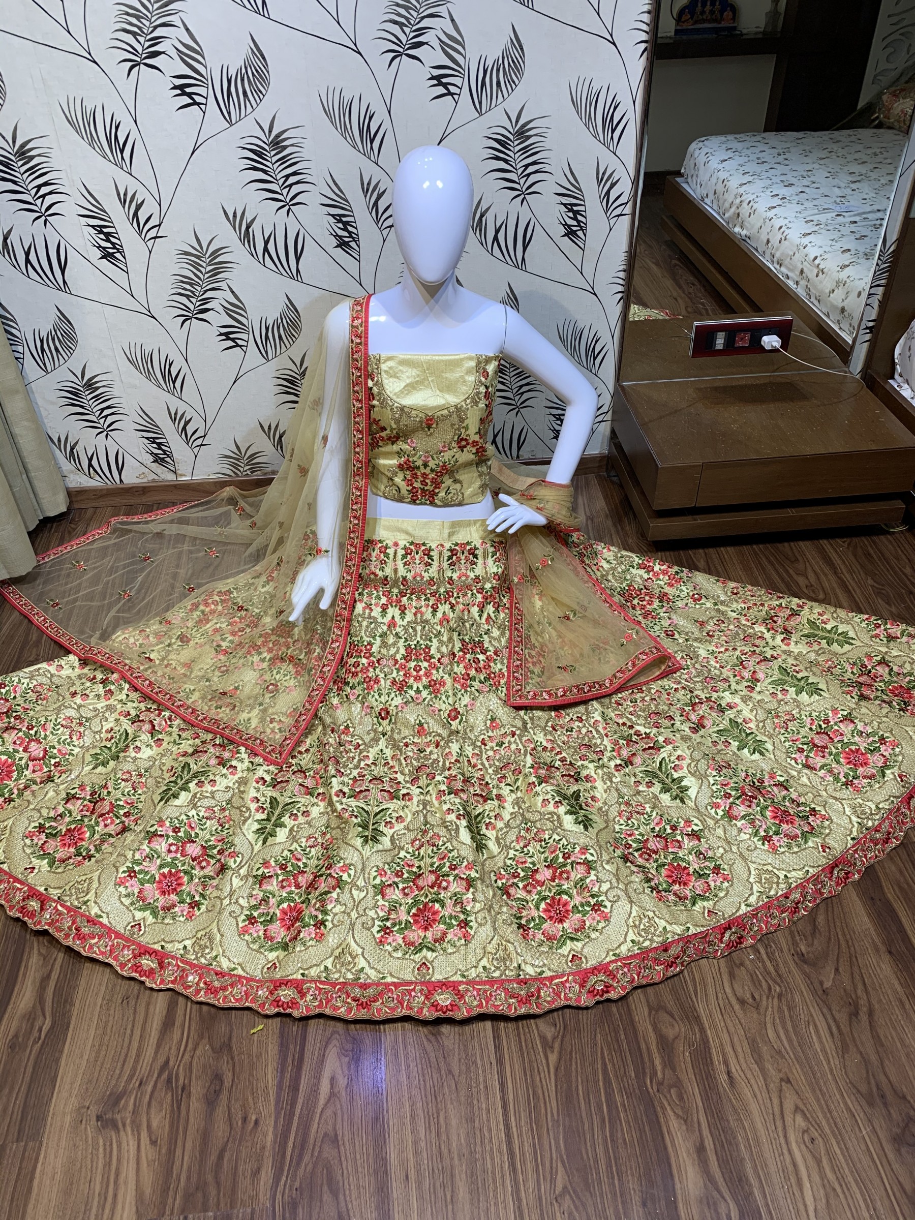 Luxury silk Party Wear Lehenga In Golden Color With Embroidery Work 
