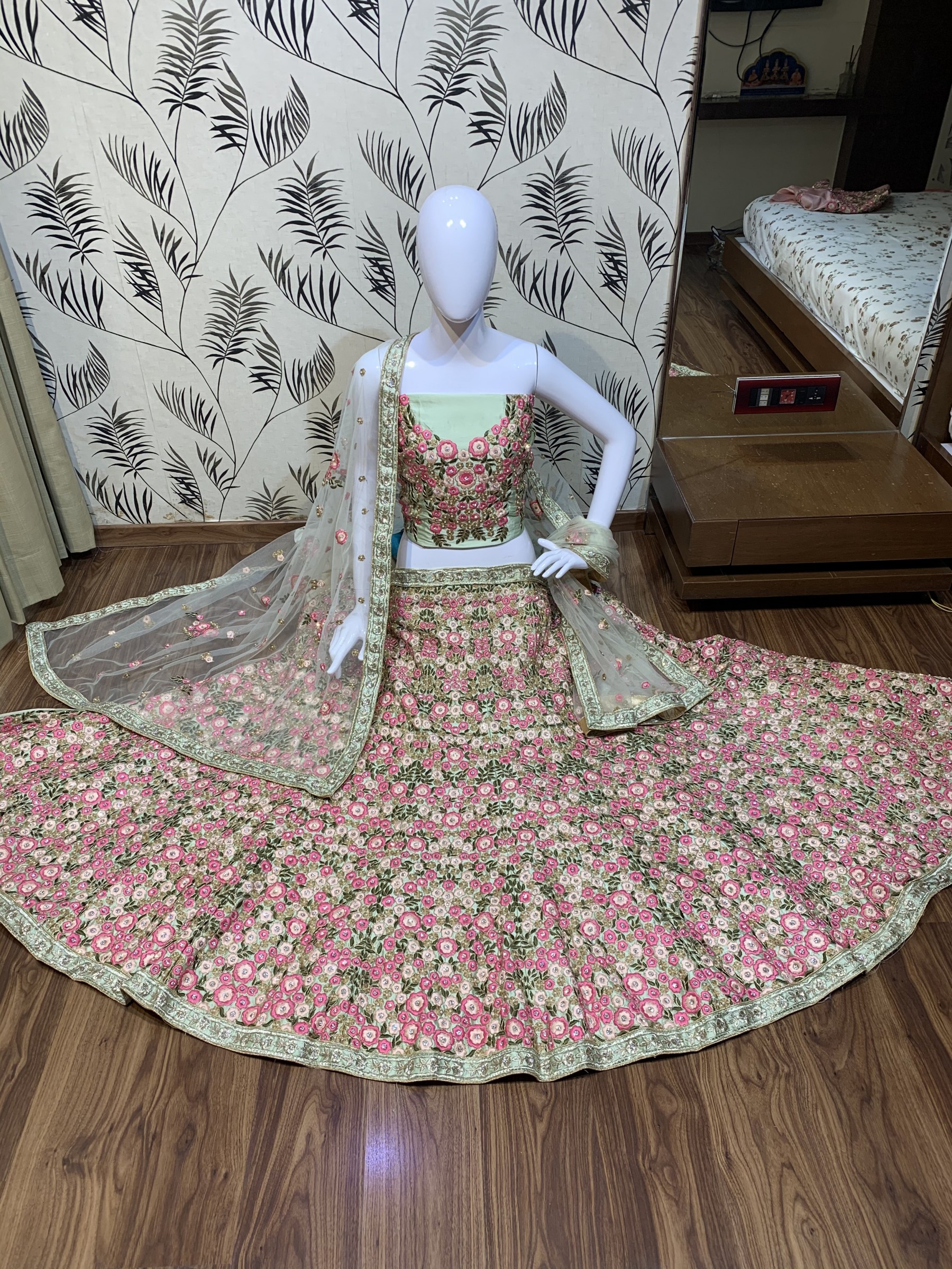 Satin silk Wedding Wear Lehenga In Pastel Green Color With Embroidery Work 