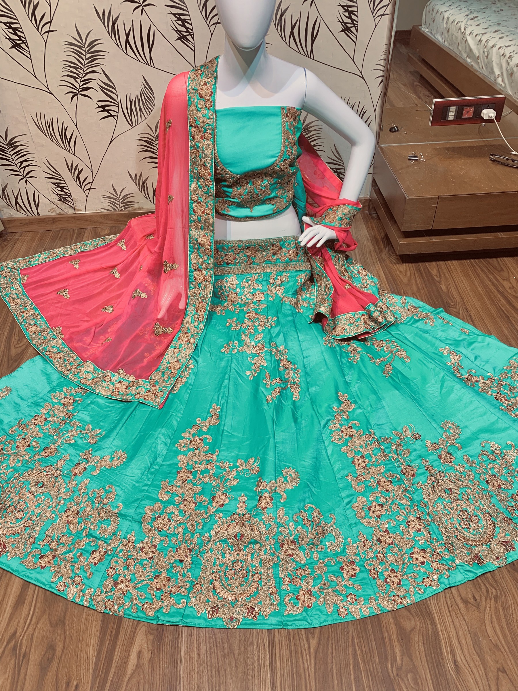 Pure Satin Silk Mehendi Sangeet Lehenga Green Color With Embroidery Work & Stone Work