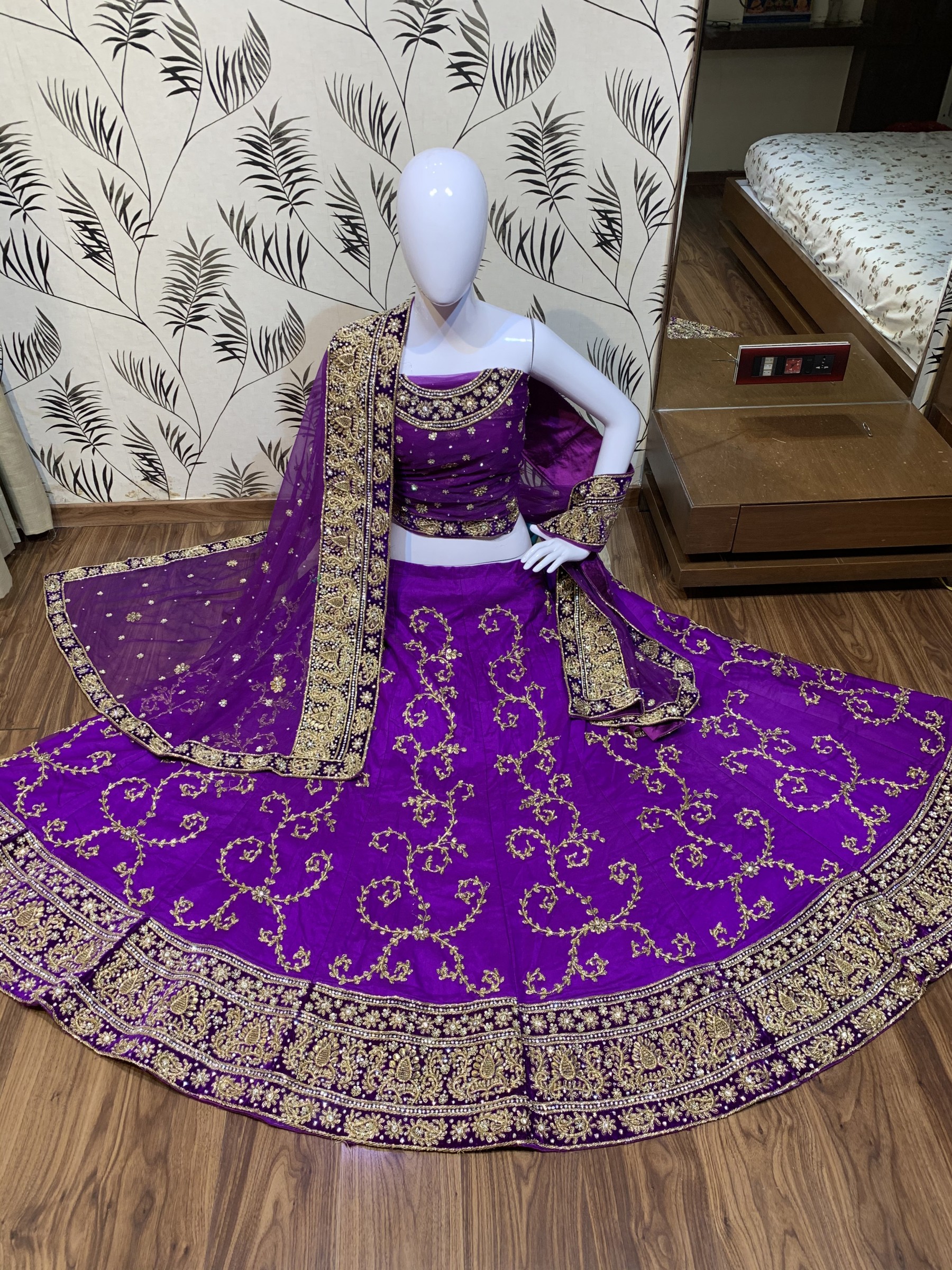 Digital Silk Wedding Wear Lahenga In Purple Color With Hand Work and Stone Work