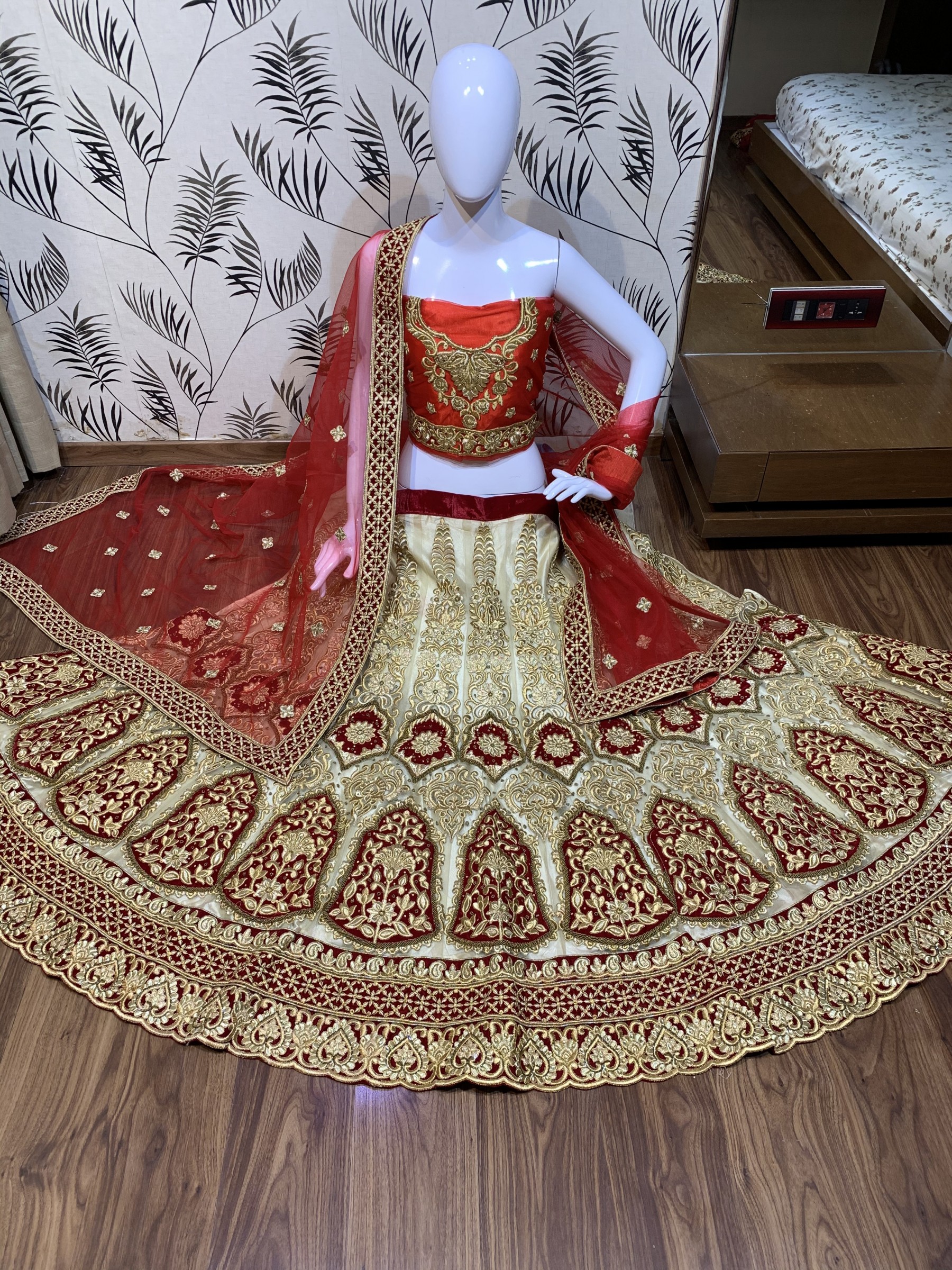 Digital Net Wedding Wear Lahenga In Cream Color With Hand Work and Stone Work