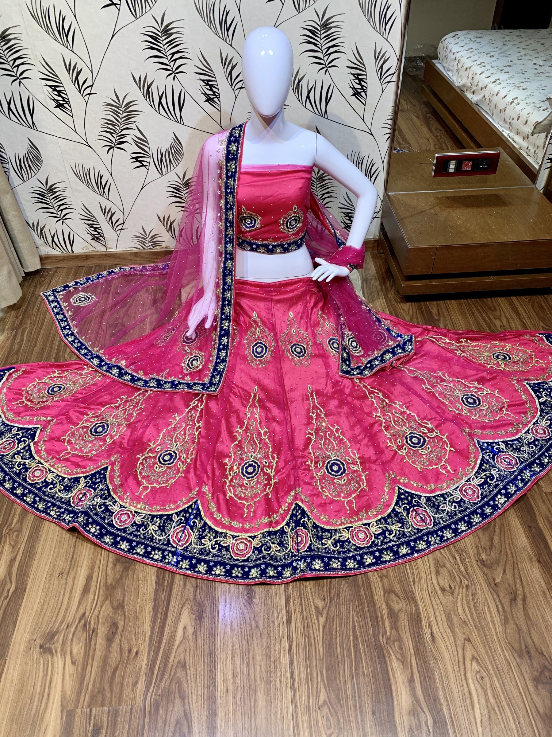 Digital Net Wedding Wear Lahenga In Pink Color With Hand Work and Stone Work