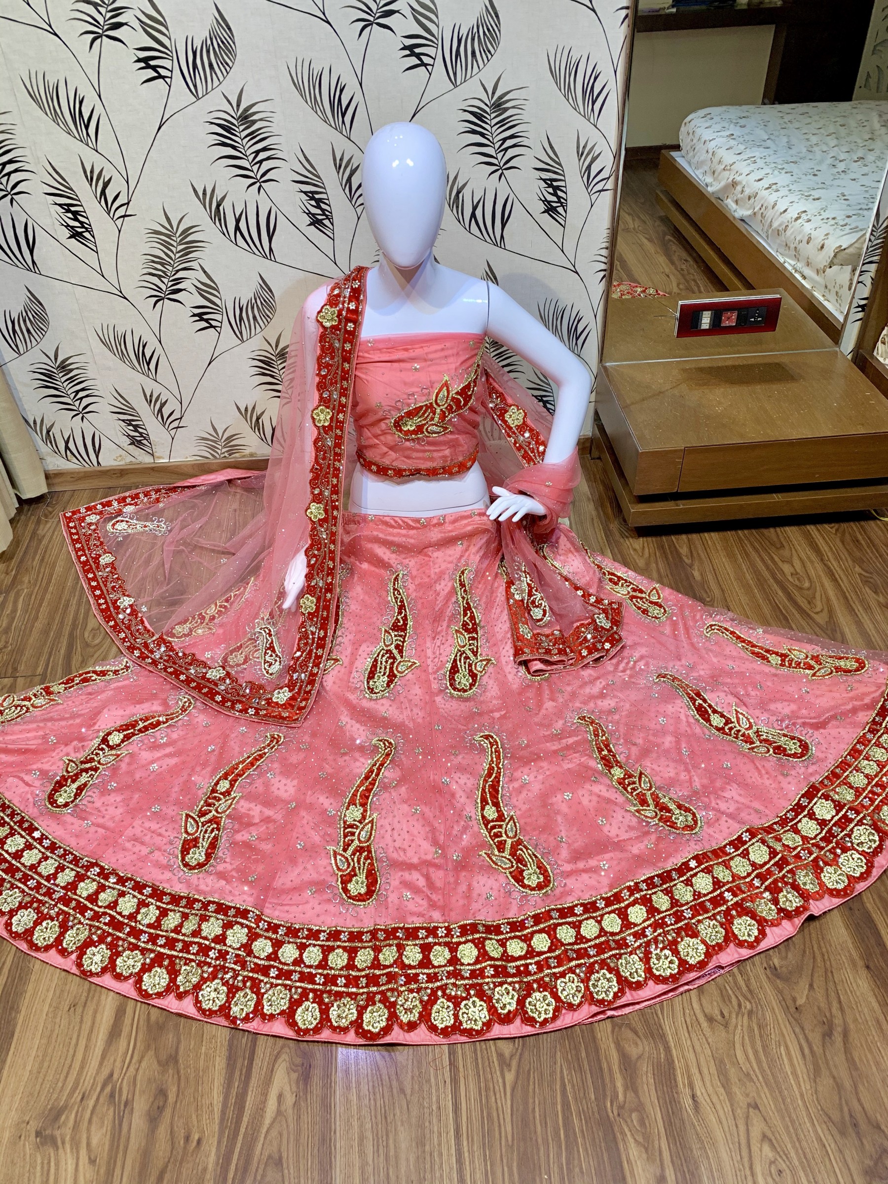 Digital Net Wedding Wear Lahenga In Pink Color With Hand Work and Stone Work