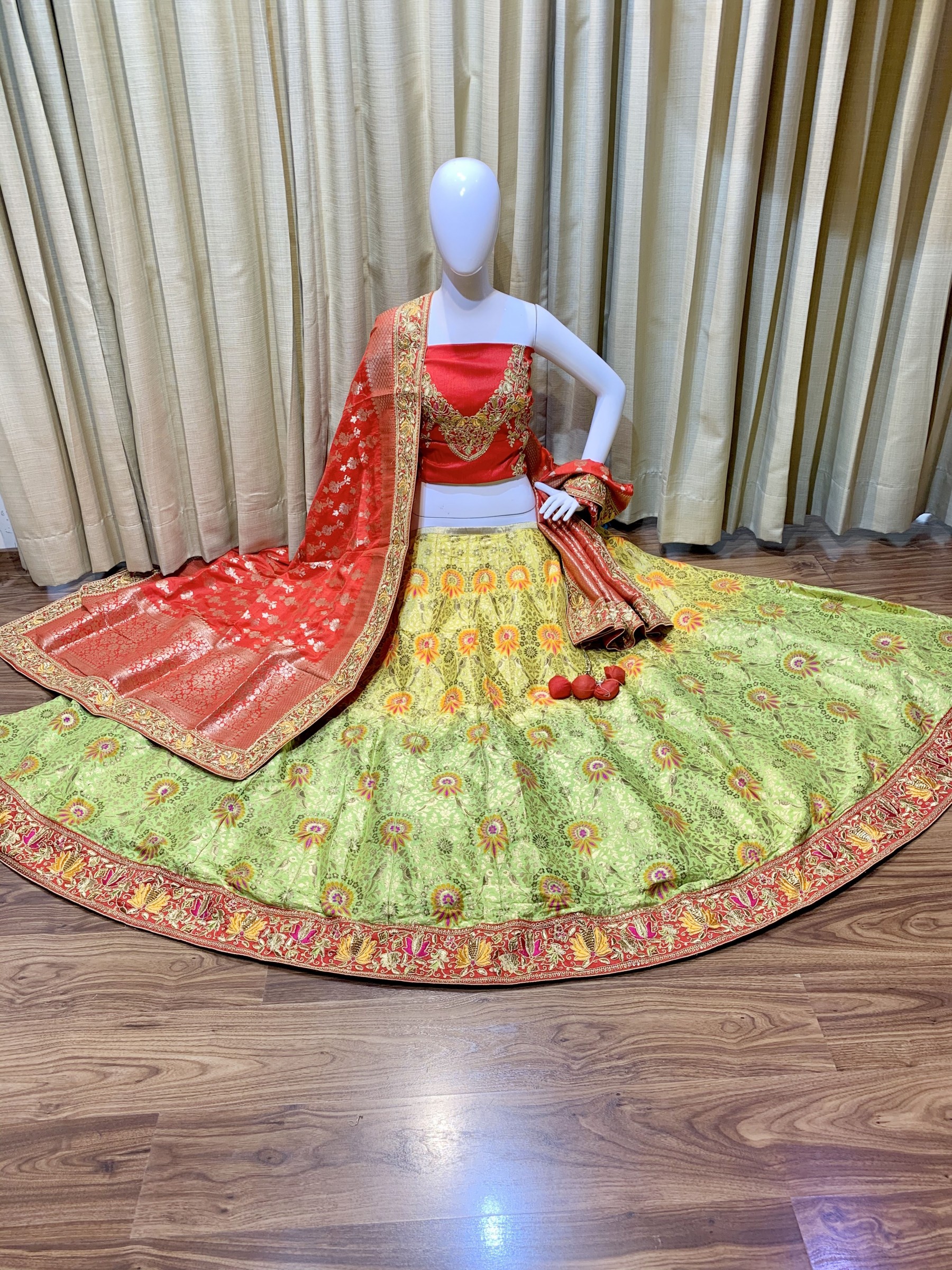 Pure Banarasi Silk Bridal Lehenga In Green With Embroidery Work