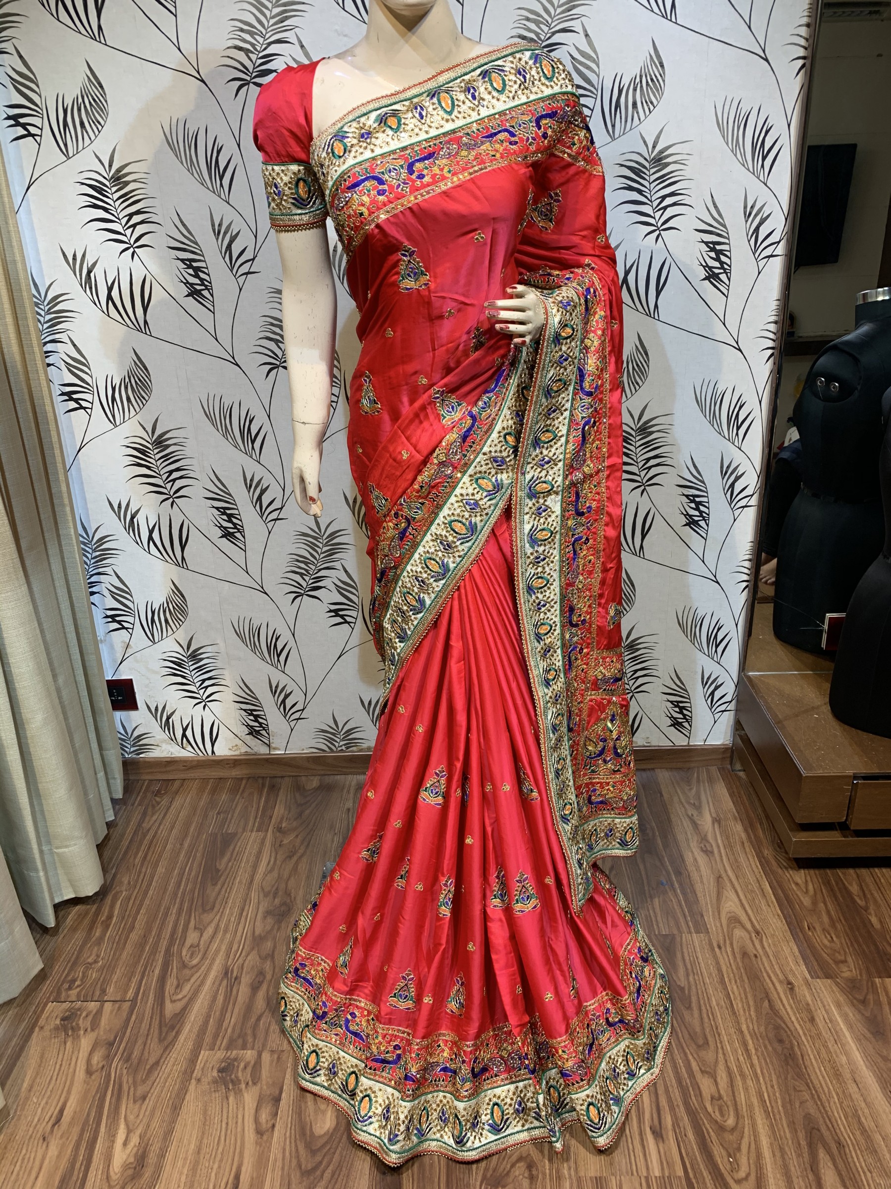 Mal mal Silk Wedding Wear Saree In Red With Embroidery work & Handwork 