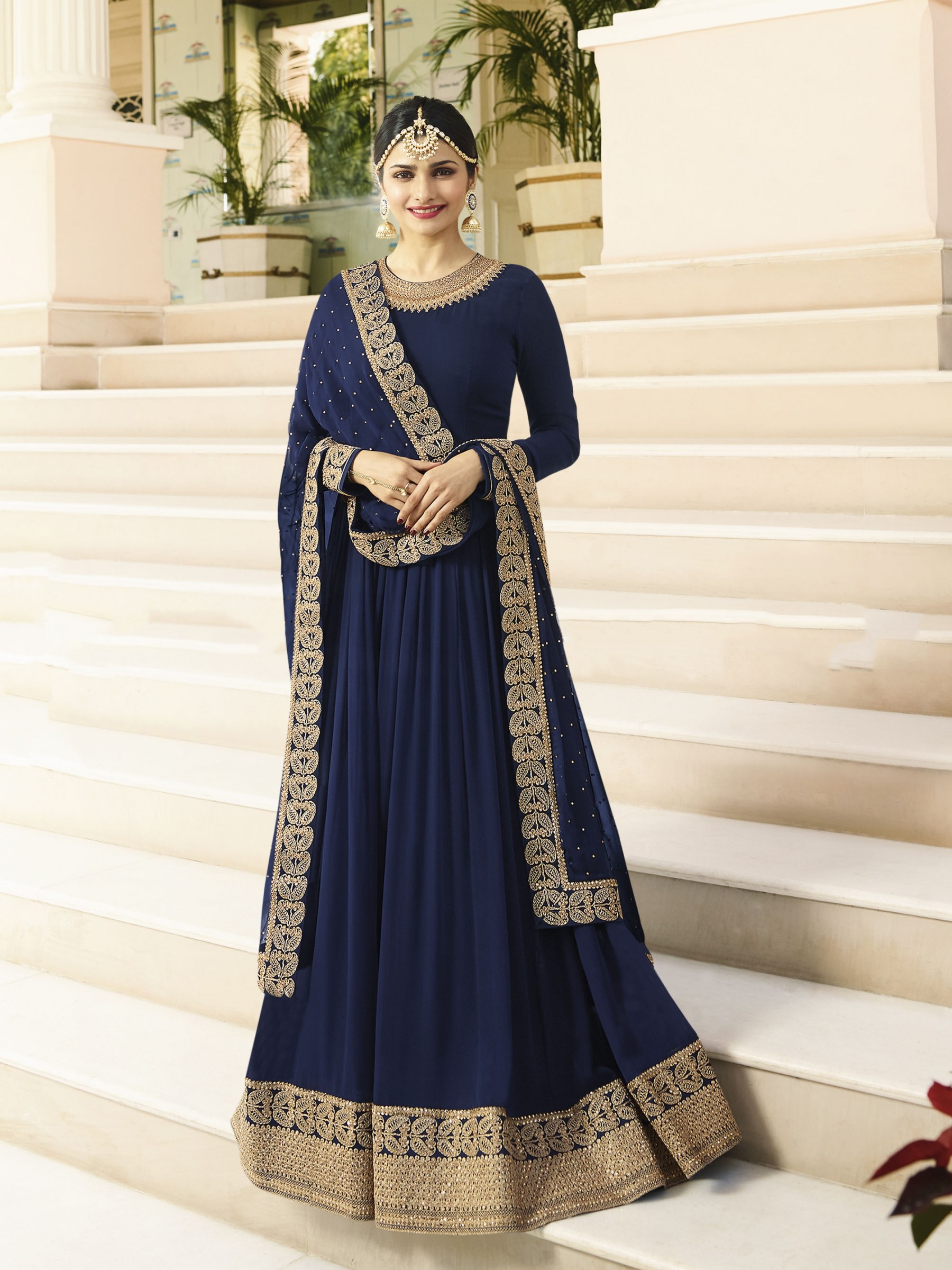 Georgette Casual Wear Gown In Blue With Thread Work