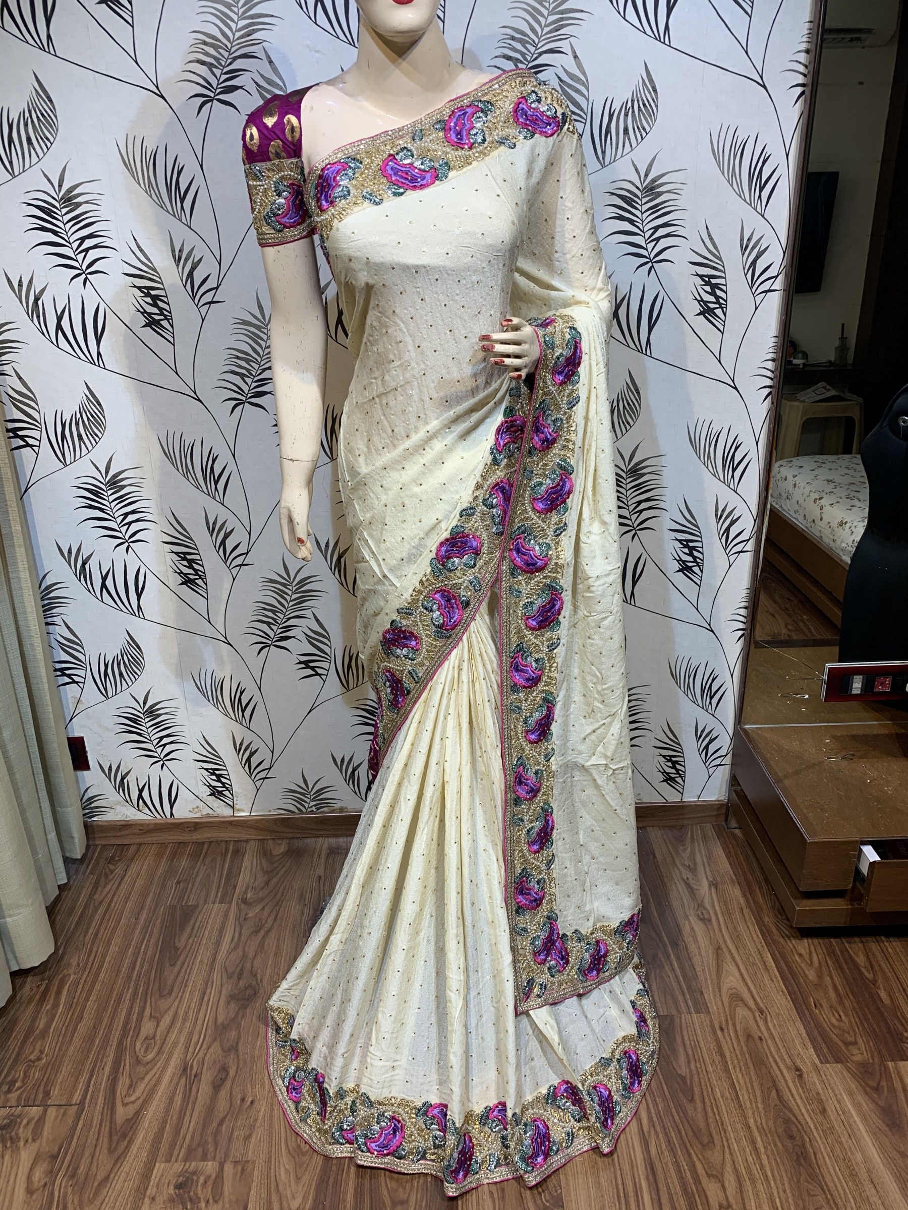 Pure Georgette Silk Wedding Wear Saree In Cram With Embroidery & Crystal Stone Work