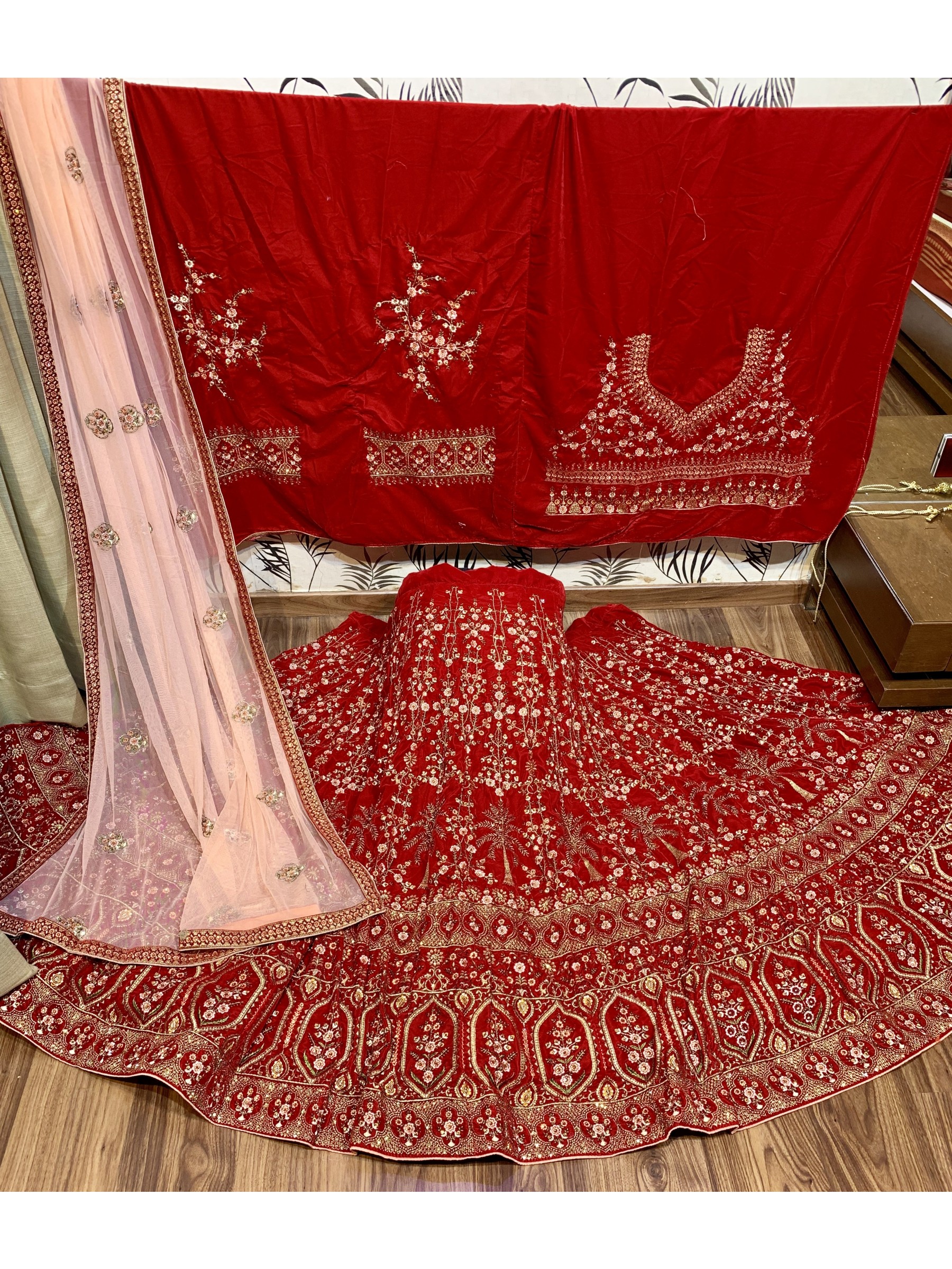 Pure Micro Velvet Wedding In Red With Embroidery & Stone Work