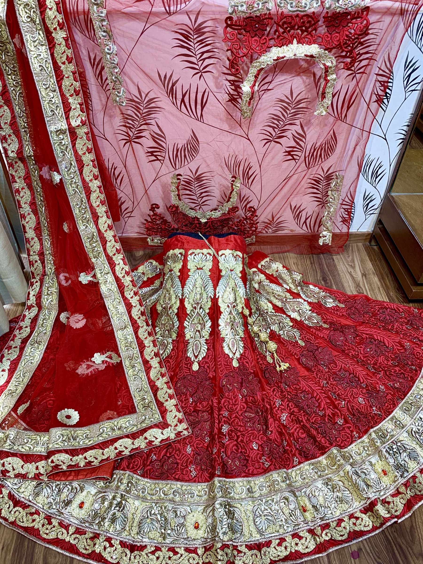 Soft Premium Net Bridal Lehenga In Red Color With Embroidery & Stone Work, Gotta patti
