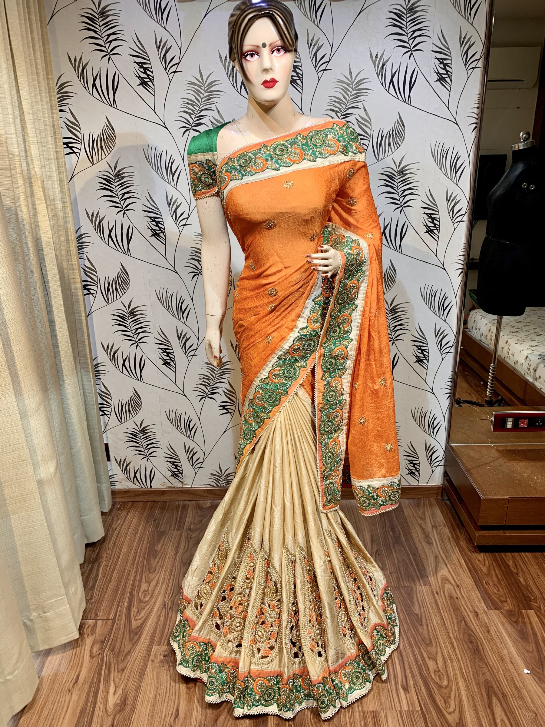 Pure Kasturi Jacquard Silk Party Wear Saree In Orange With Embroidery & Pearl Work
