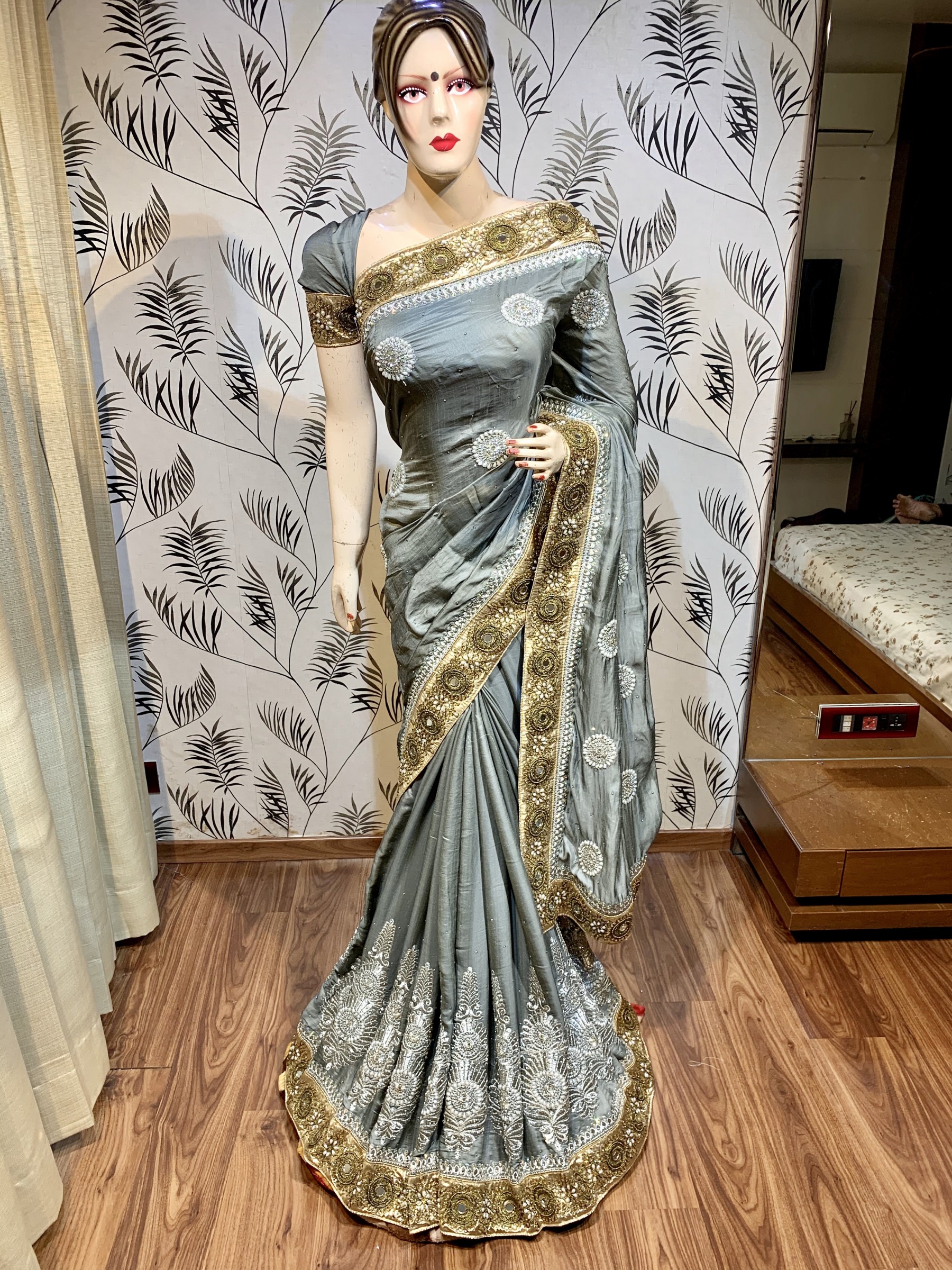 Kiara Silk Wedding Wear Wear Saree In Grey With Embroidery Work & Stone Work 