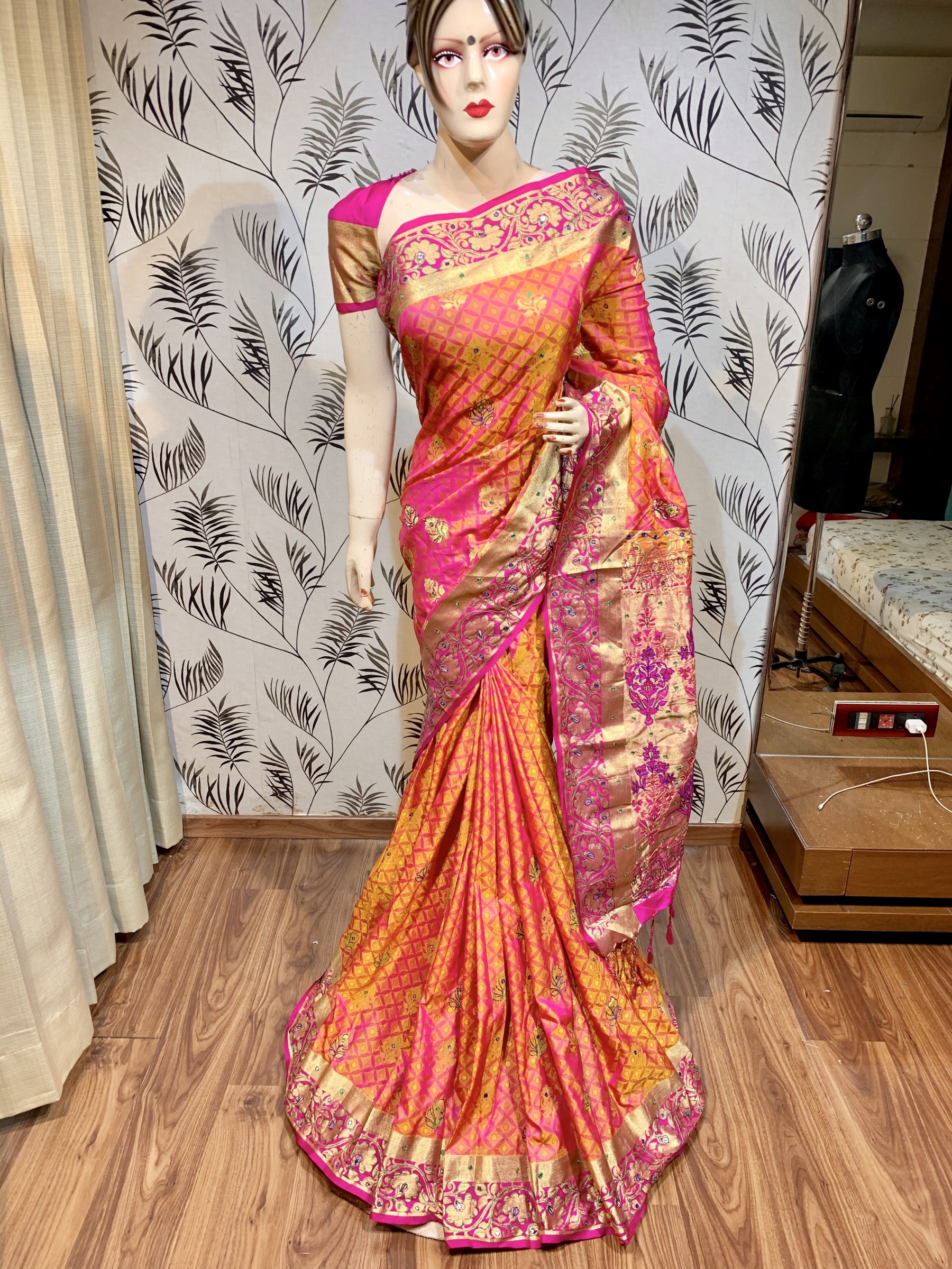Pure Banarasi Silk Wedding Wear Saree In Orange In Embroidery & Handwork