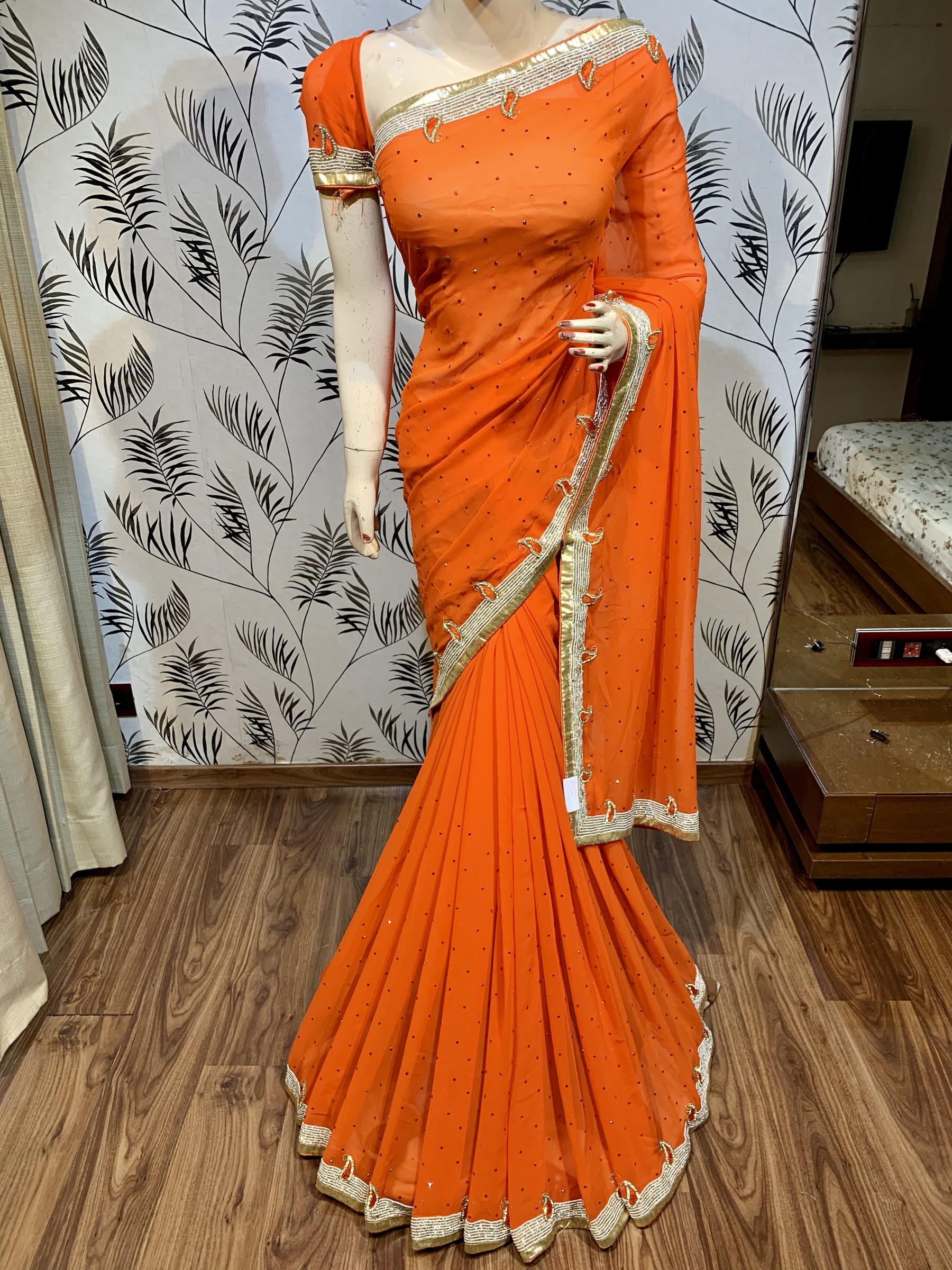 Pure Georgette Wedding Wear Saree In Orange In Handwork