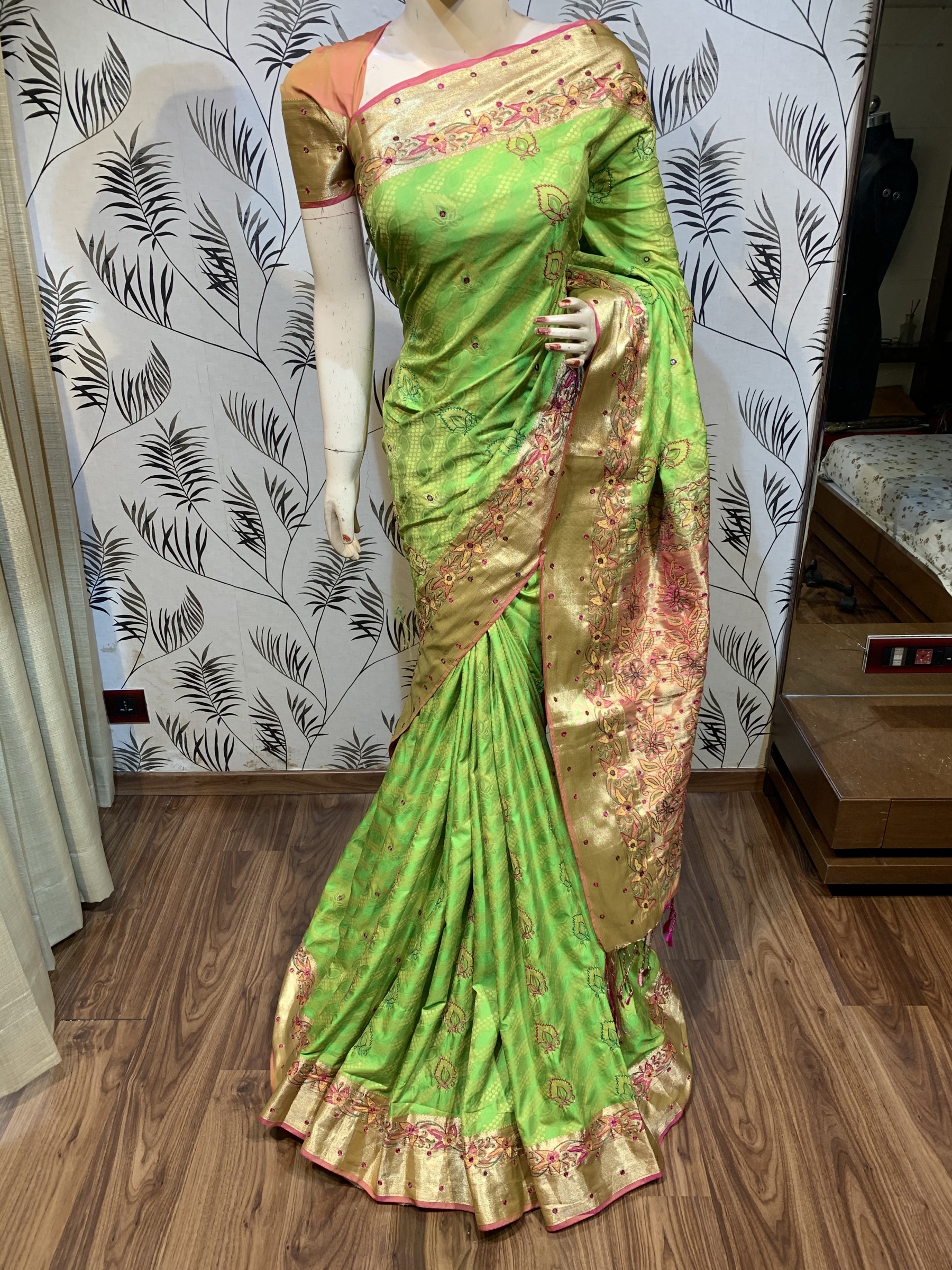Pure Banarasi Silk Wedding Wear Saree In Pastel Green With Handwork