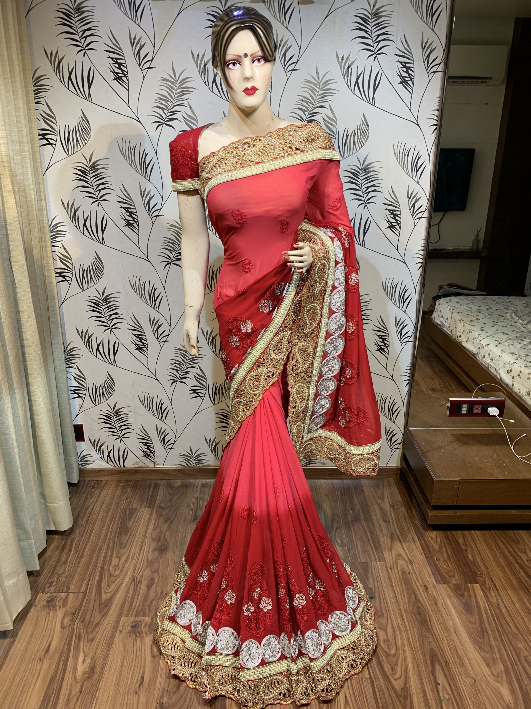 Pure Georgette Wedding Wear Saree In Red & Pink Embroidery Work & Crystal Stone Work