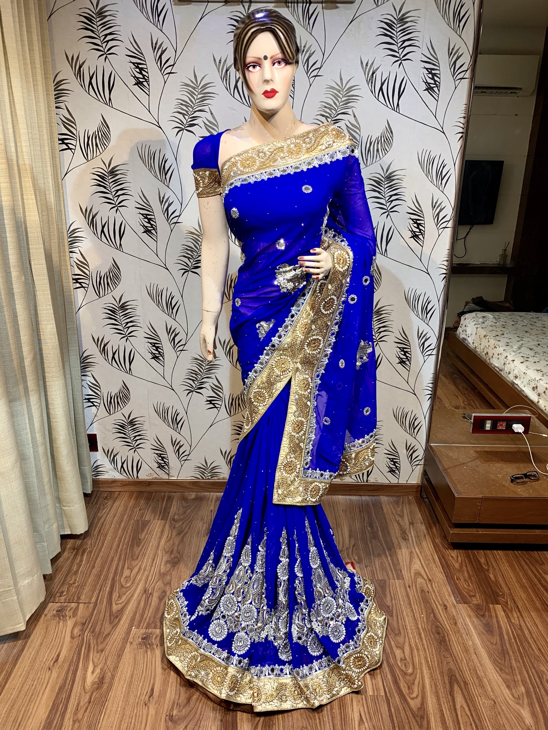 Georgette Fabrics Party Wear Saree In Blue Embroidery Work & Crystal Stone Work