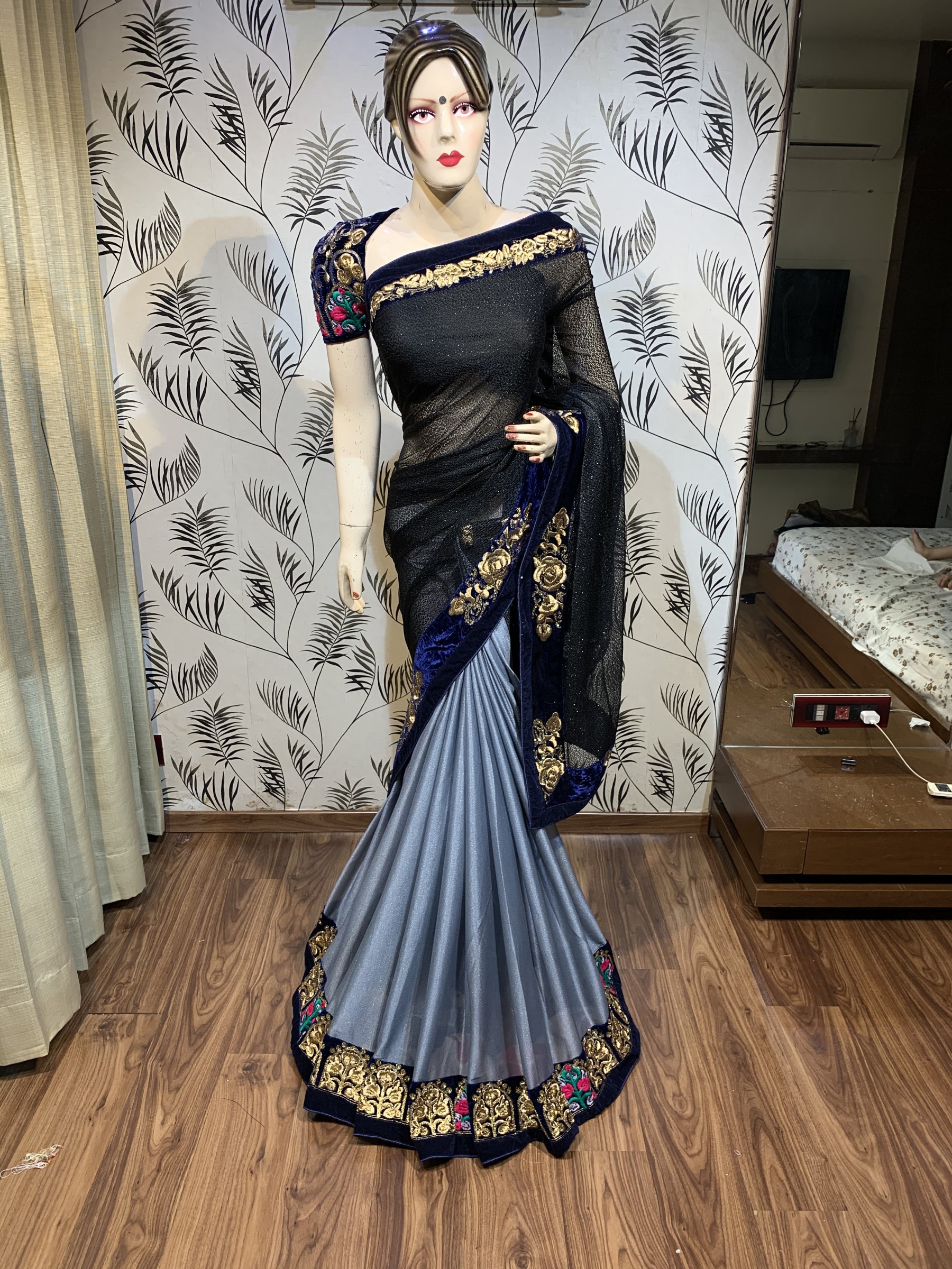 Fancy Imported Fabric Party Wear Saree In Black Embroidery Work & Crystal Stone Work