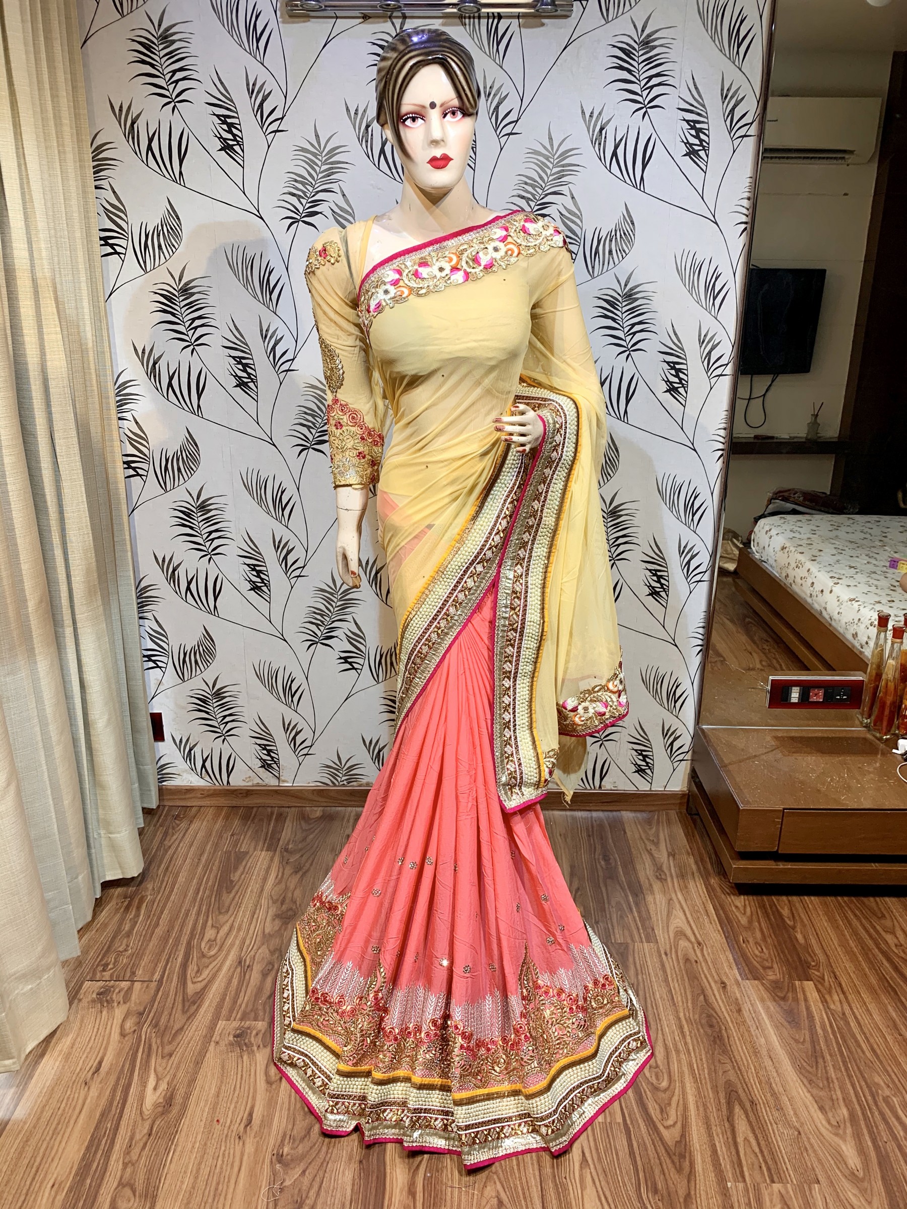 Soft Premium Net Party Wear Saree In Light Yellow & Pink With Embroidery Work & Crystal Stone Work