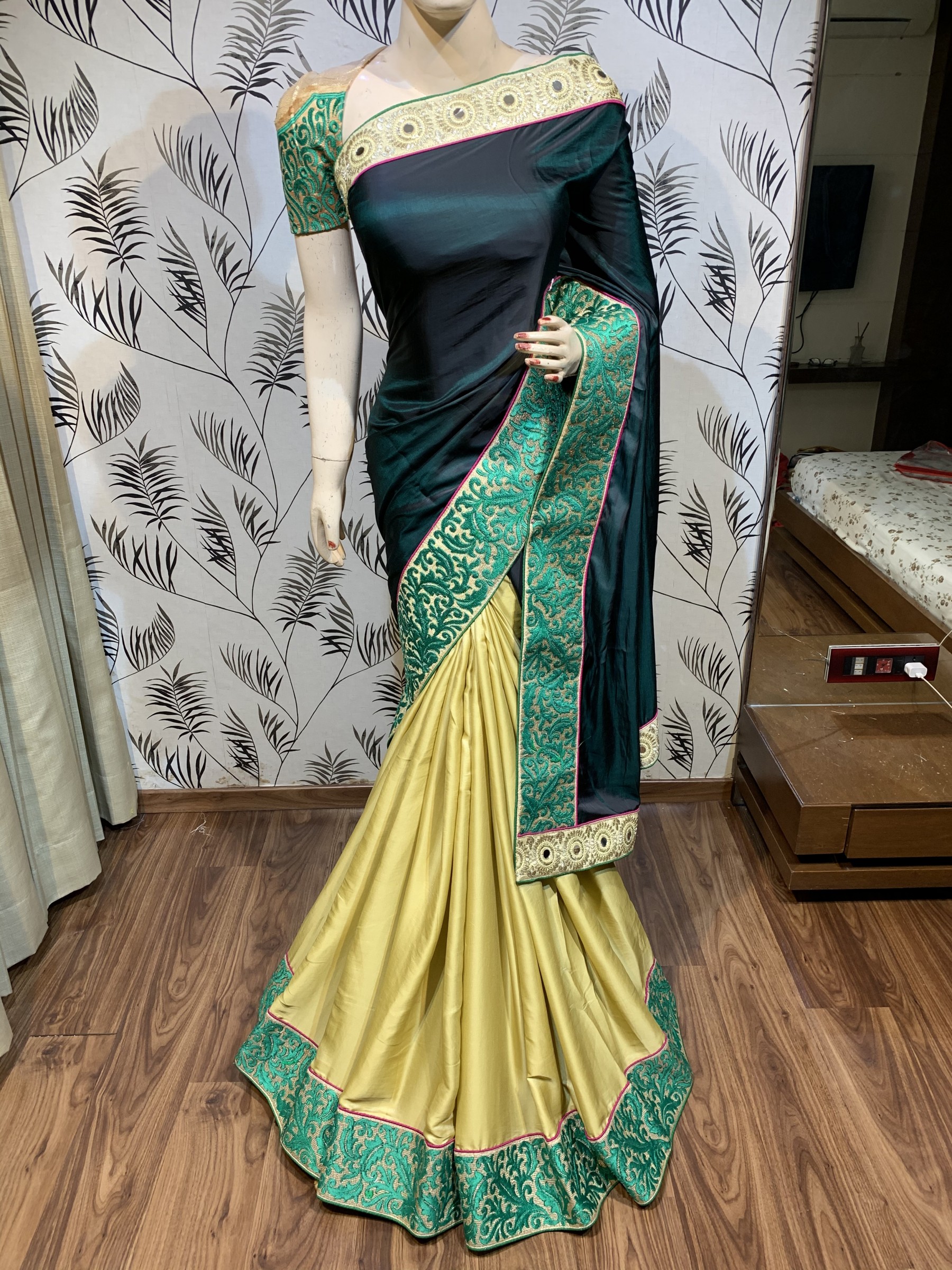 Sateen Silk Party Wear Saree In Green&Gold with Embroidery Work & Stone Work
