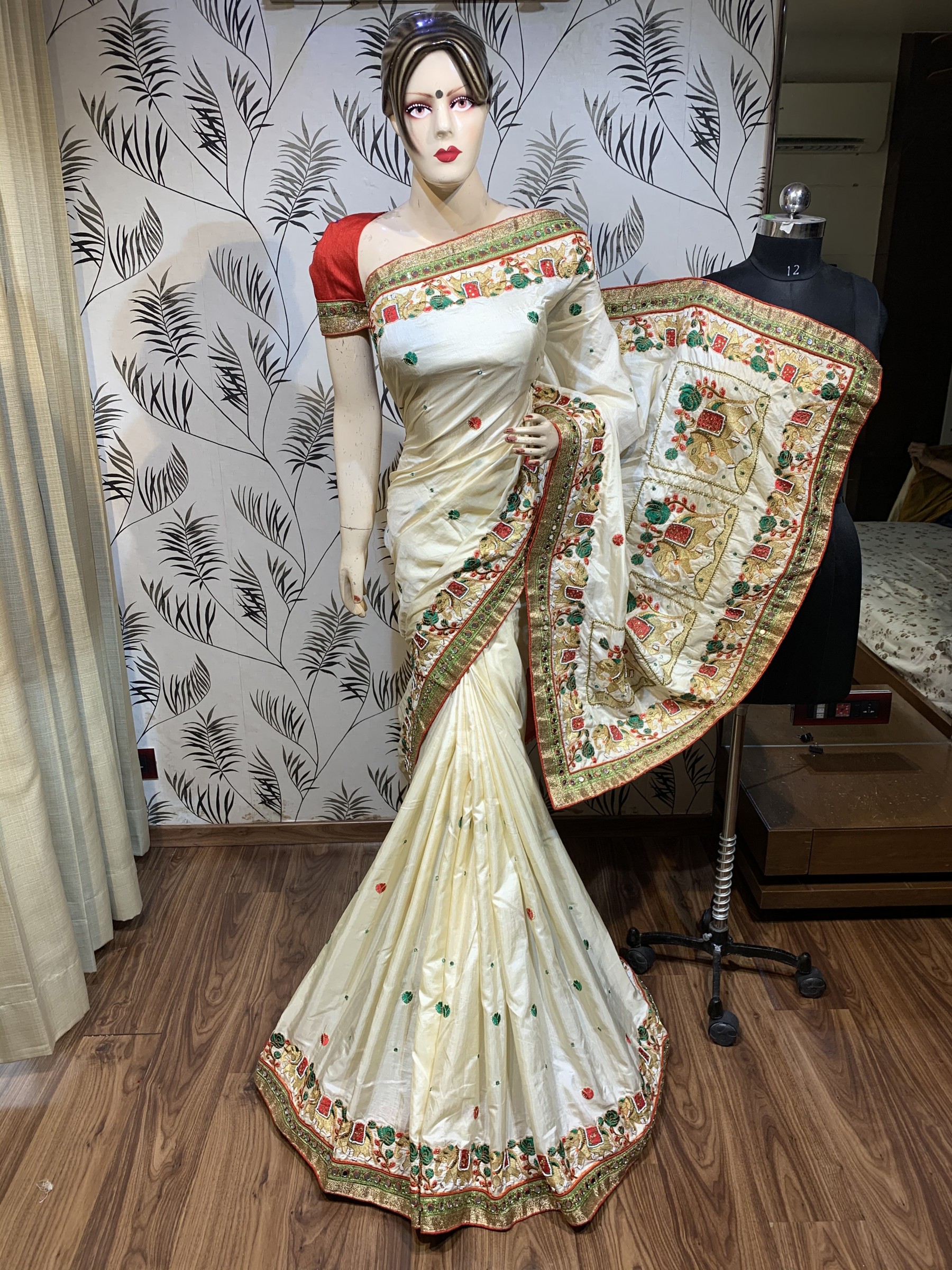 Cambridge Silk Party Wear Saree In Off White Embroidery Work & crystal Stone Work