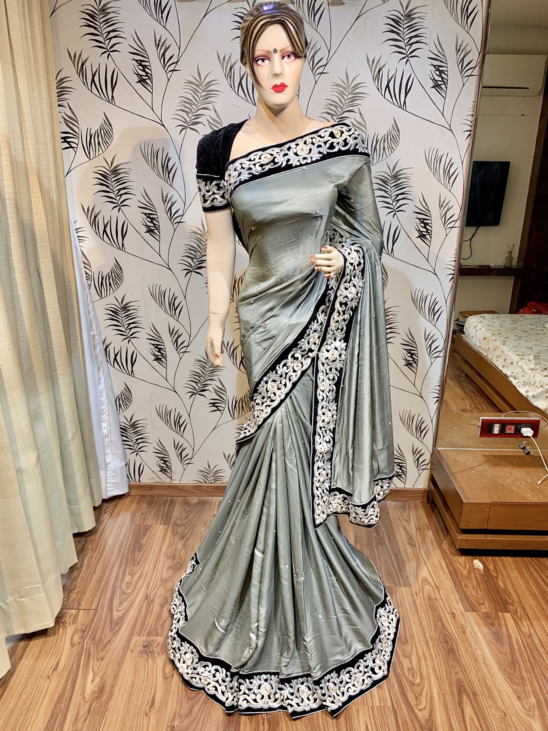 Pure Satin Silk  Party Wear Wear Saree In Grey With Embroidery Work  