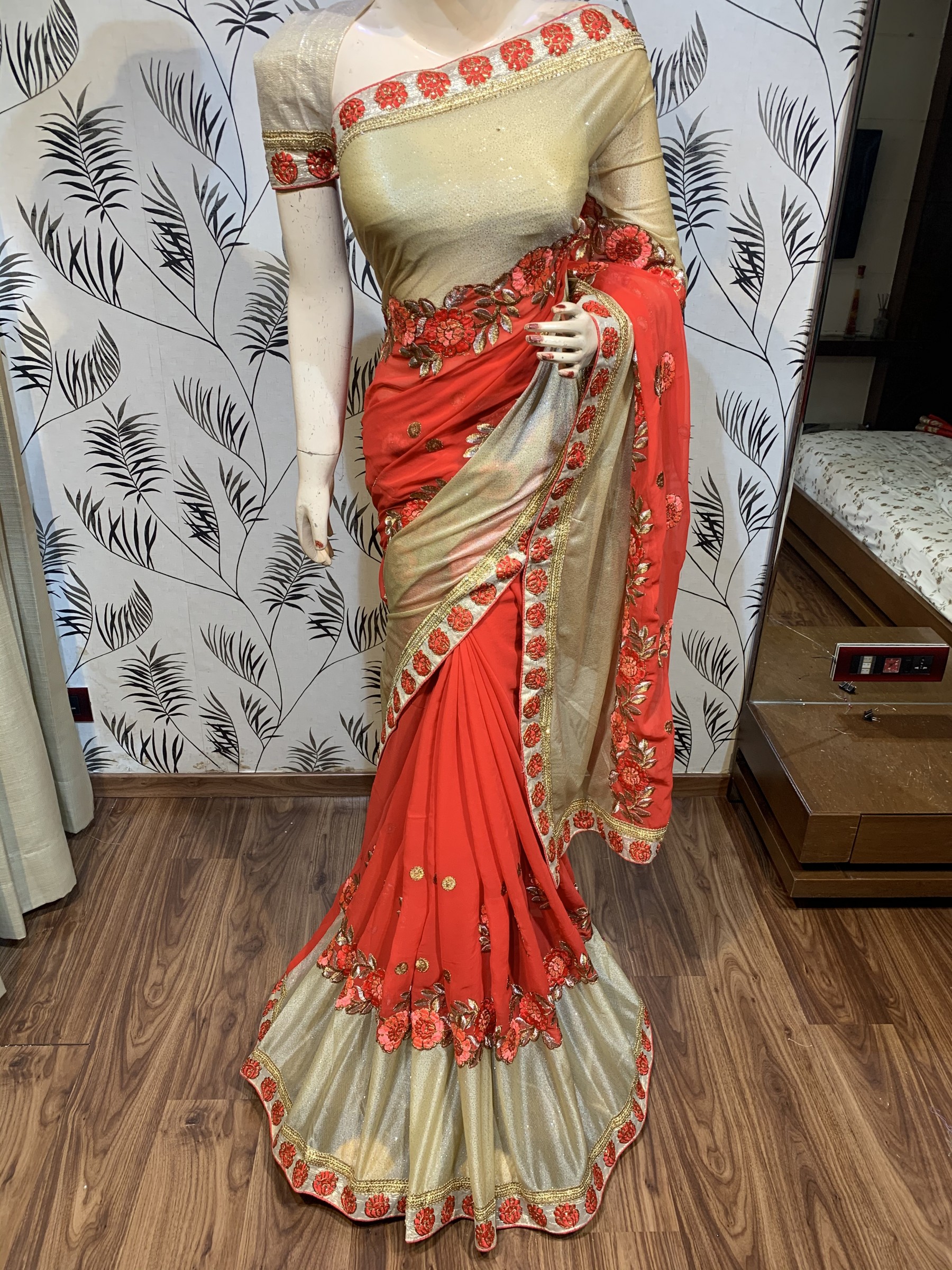 Georgette Party Wear Saree In Red Color With Embroidery Crystal Stone Work
