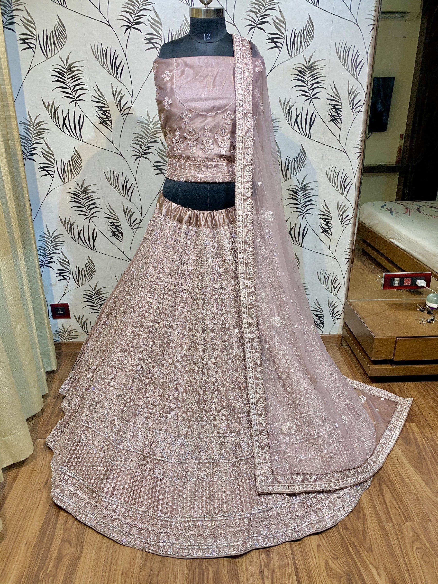 Soft Premium Net Wedding Wear Lehenga In Dusty Pink With Luckhnowi Work & Stone Work