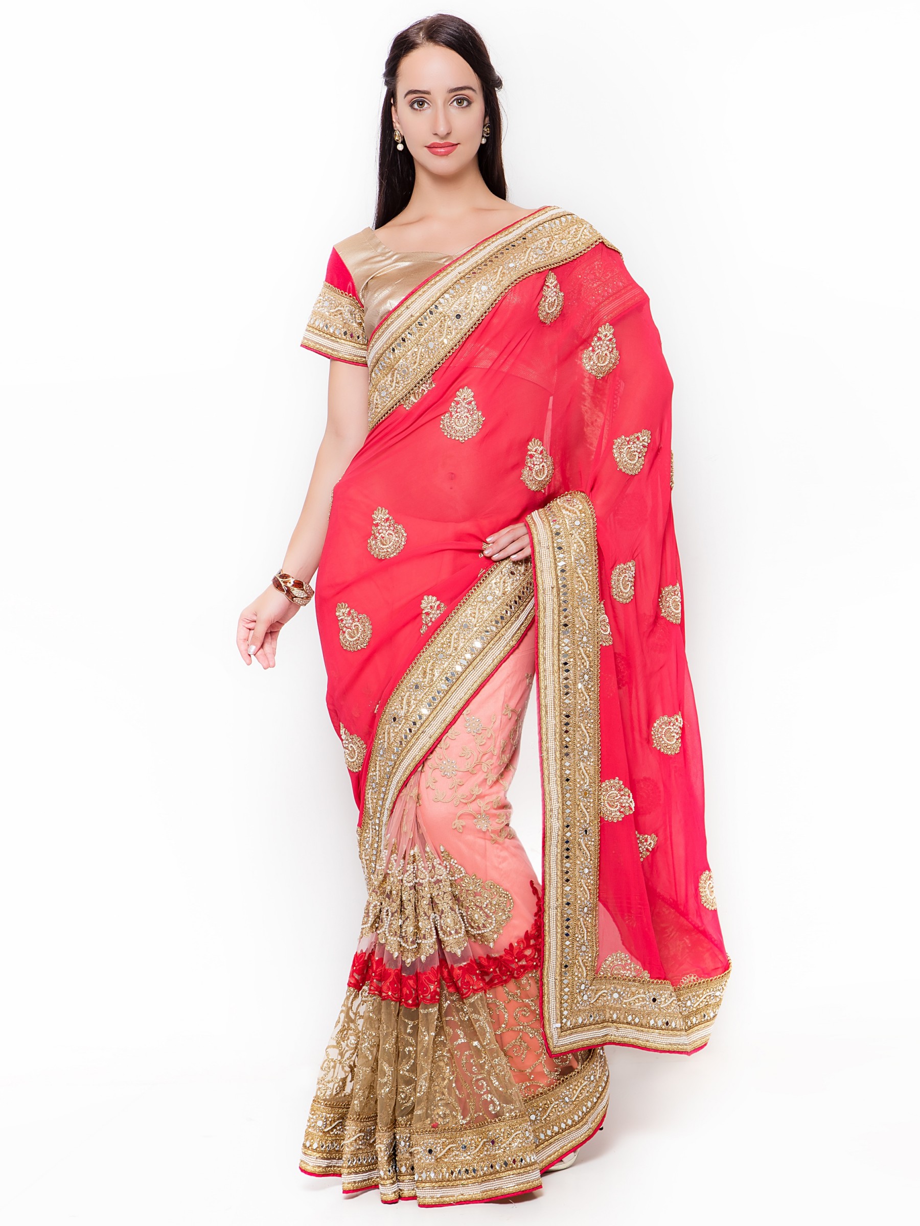 Pure Georgette Wedding Wear Saree In Pink WIth Embroidery & Crystal Stone Work  
