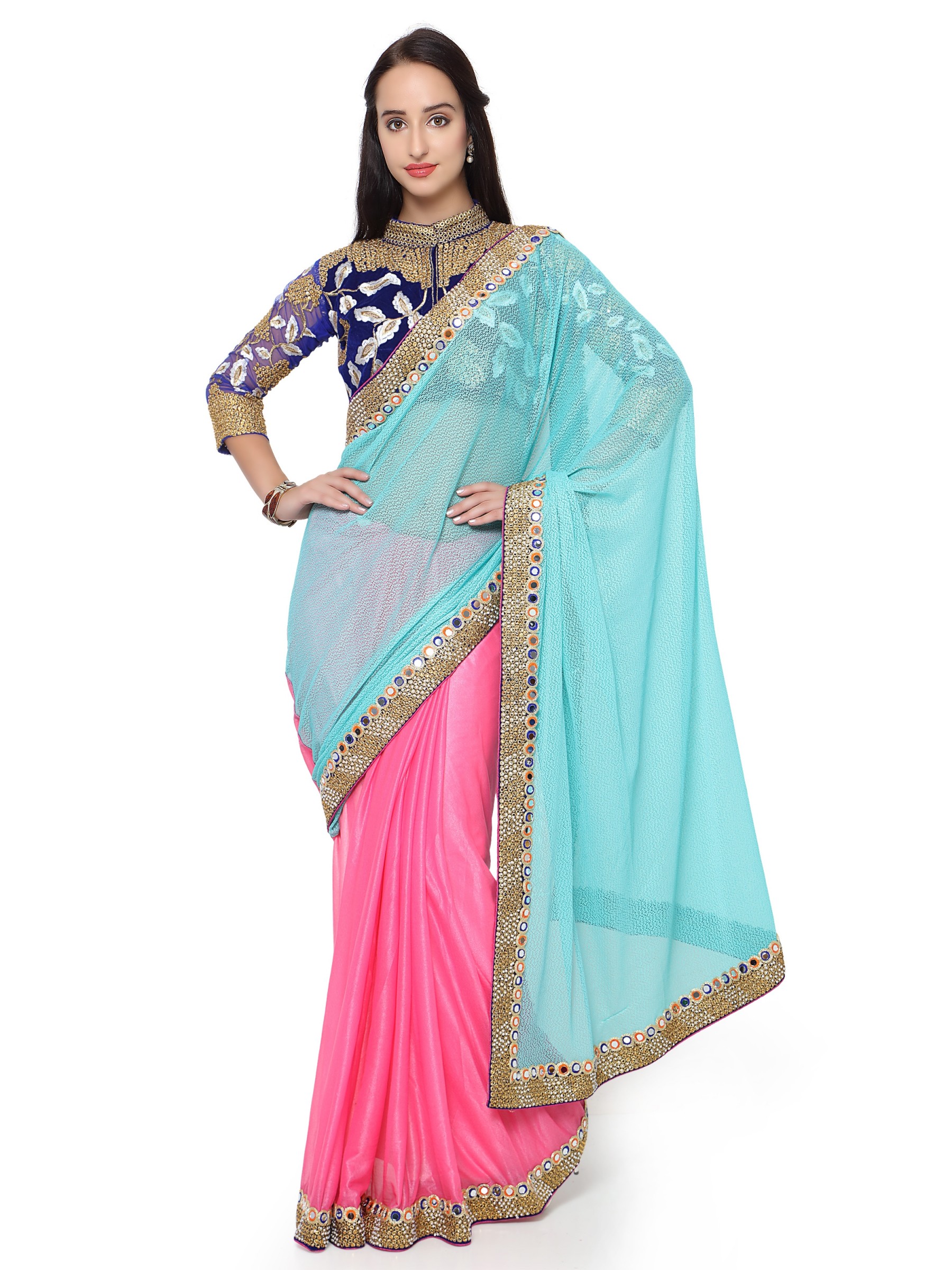 Fancy Imported fabrics Party Wear Saree In Sky Blue WIth Embroidery & Crystal Stone Work  