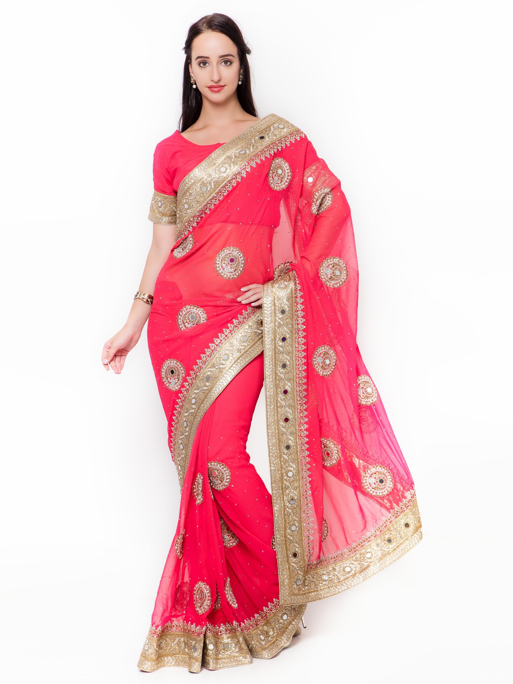 Bemberg Party Wear Saree In Pink WIth Embroidery Work   